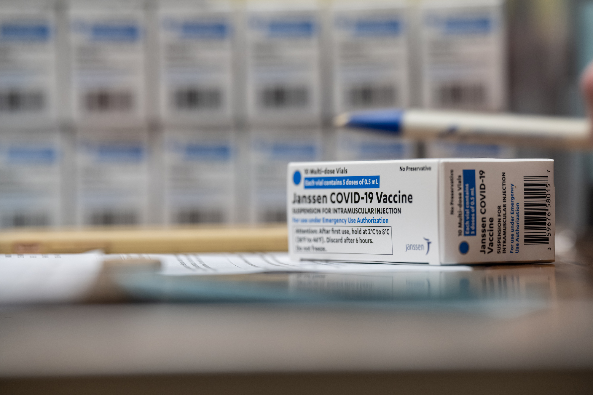 A box containing vials of the Janssen COVID-19 vaccine sit on a counter at Louisville Metro Health and Wellness headquarters on March 4 in Louisville, Kentucky. 