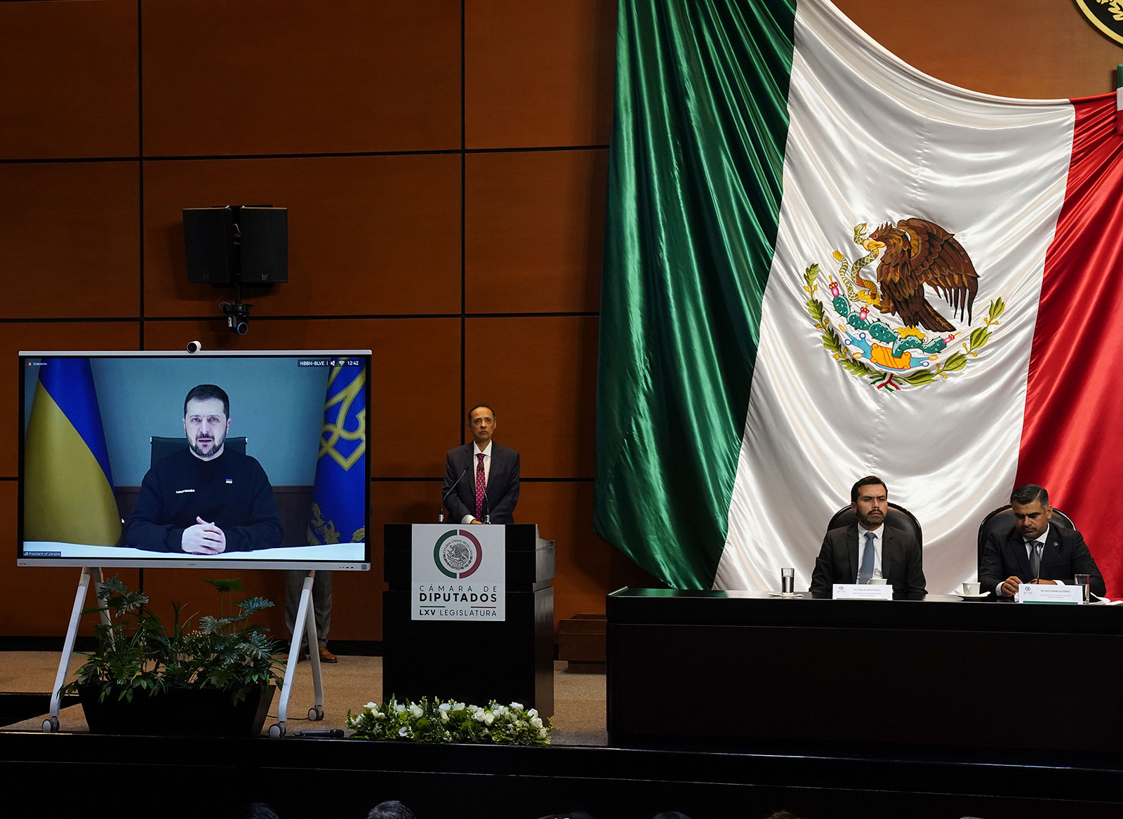 Ukraine's President Volodymyr Zelensky address Mexico’s Congress virtually, in Mexico City, on Thursday.