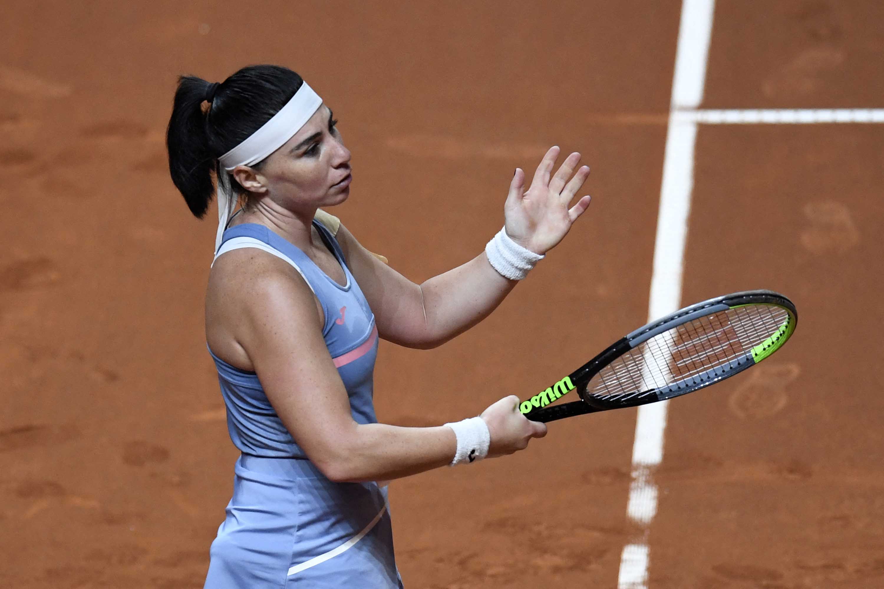 Georgia's Ekaterine Gorgodze reacts during the Women's Tennis Grand Prix WTA 500 tournament in Stuttgart, Germany, on April 21.