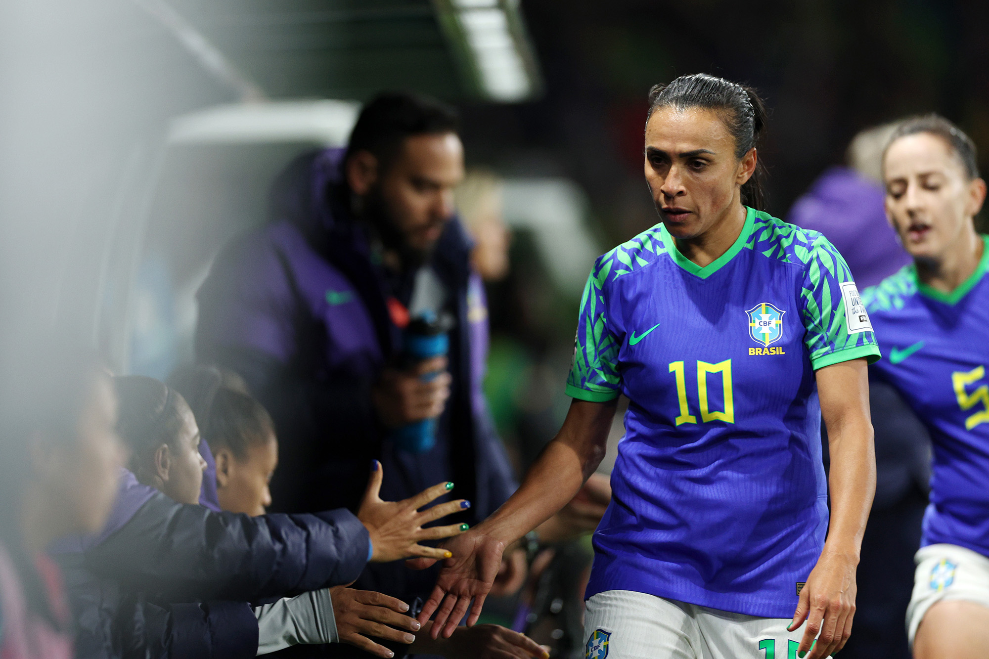 Marta of Brazil interacts with teammates after being substituted off during the FIFA Women's World Cup Australia & New Zealand 2023 Group F match between Jamaica and Brazil at Melbourne Rectangular Stadium on August 2 in Melbourne, Australia. 