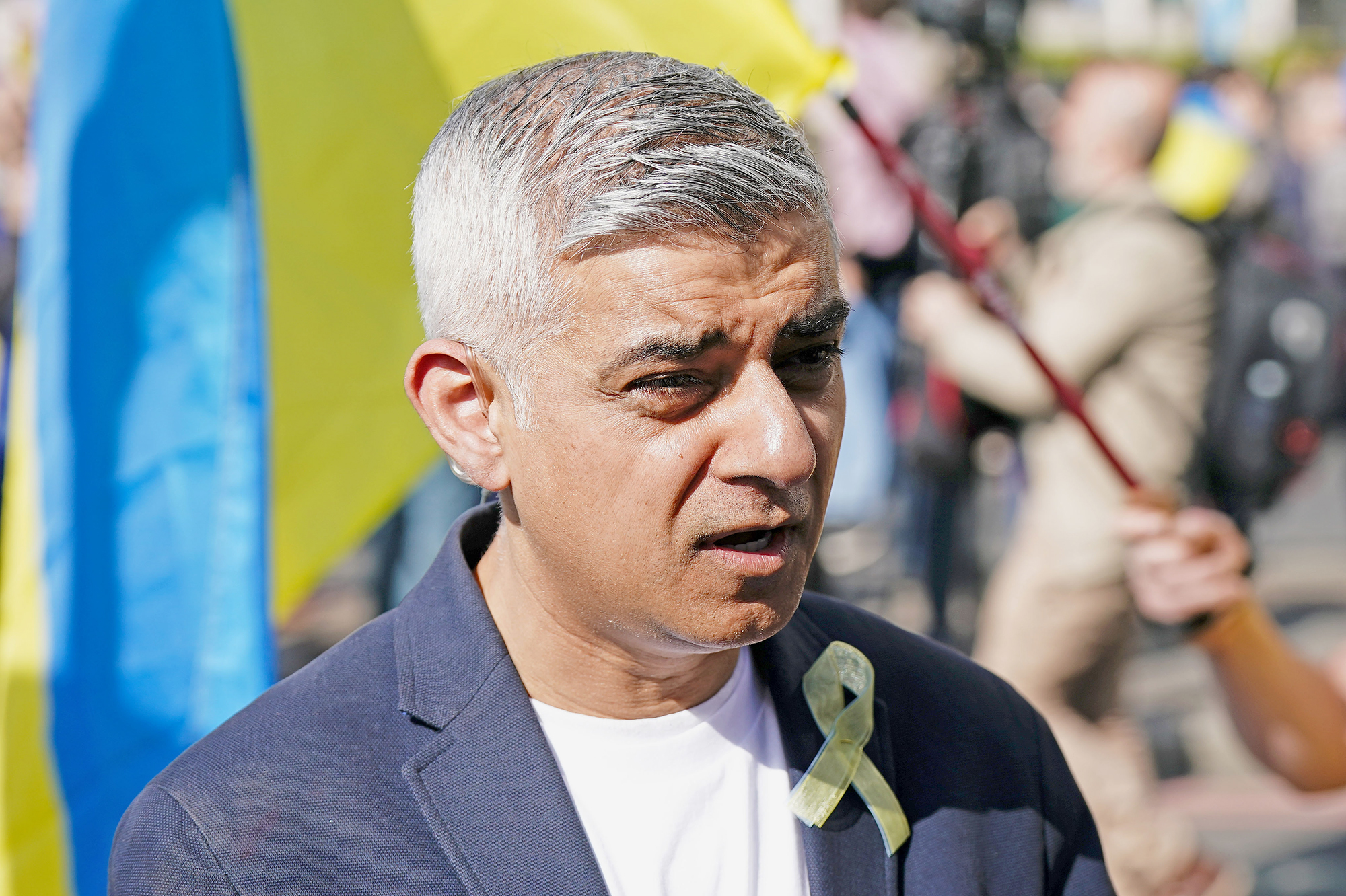 London Mayor Sadiq Khan speaks to the media ahead of a solidarity march for Ukraine on March 26 in London. 