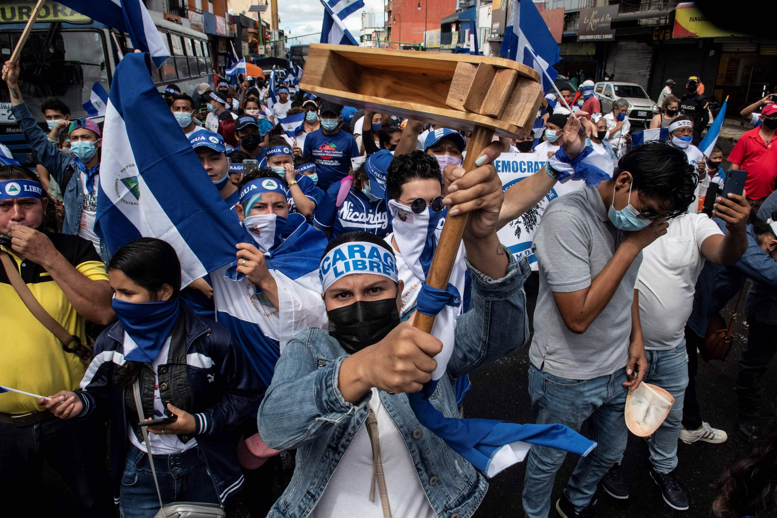 Nicaraguan citizens exiled in Costa Rica hold a demonstration against the elections in Nicaragua and President Daniel Ortega, in San Jose, Costa Rica, on November 7.