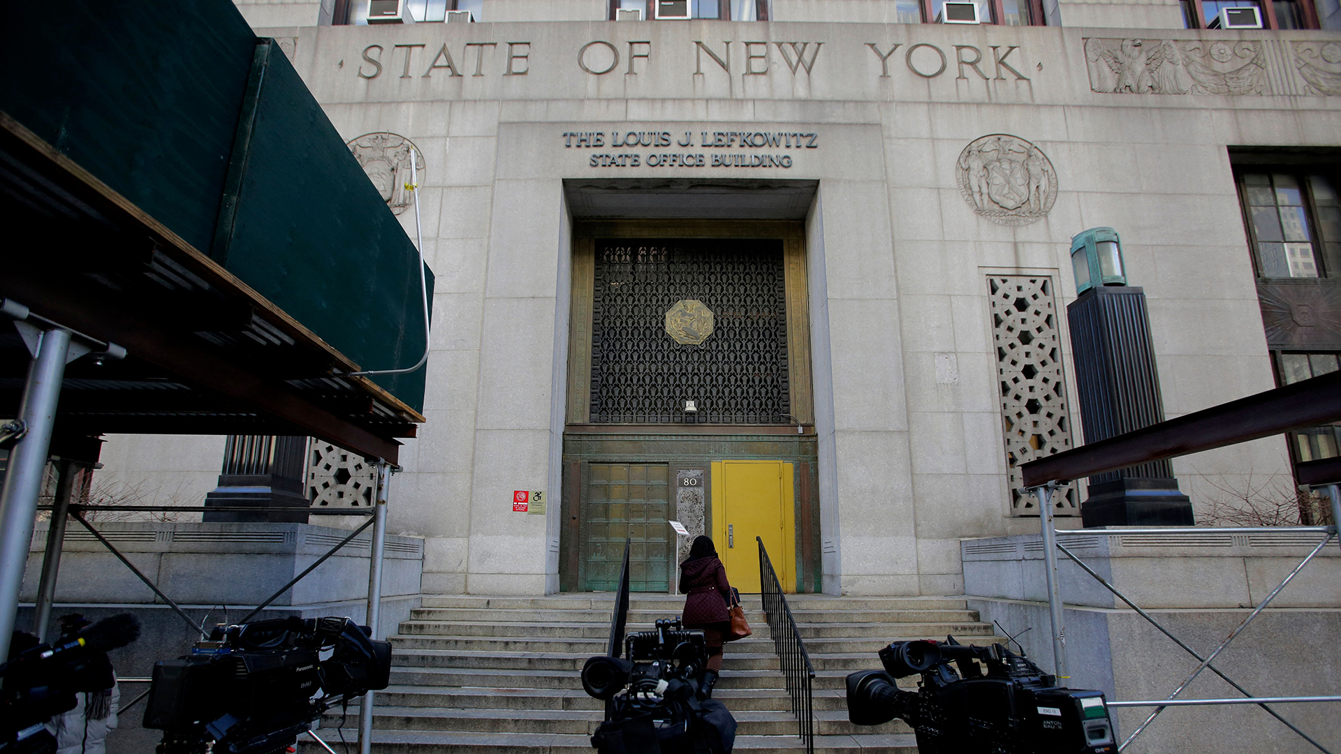 Media cameras sit outside the Manhattan District Attorney's office in New York City on March 20.
