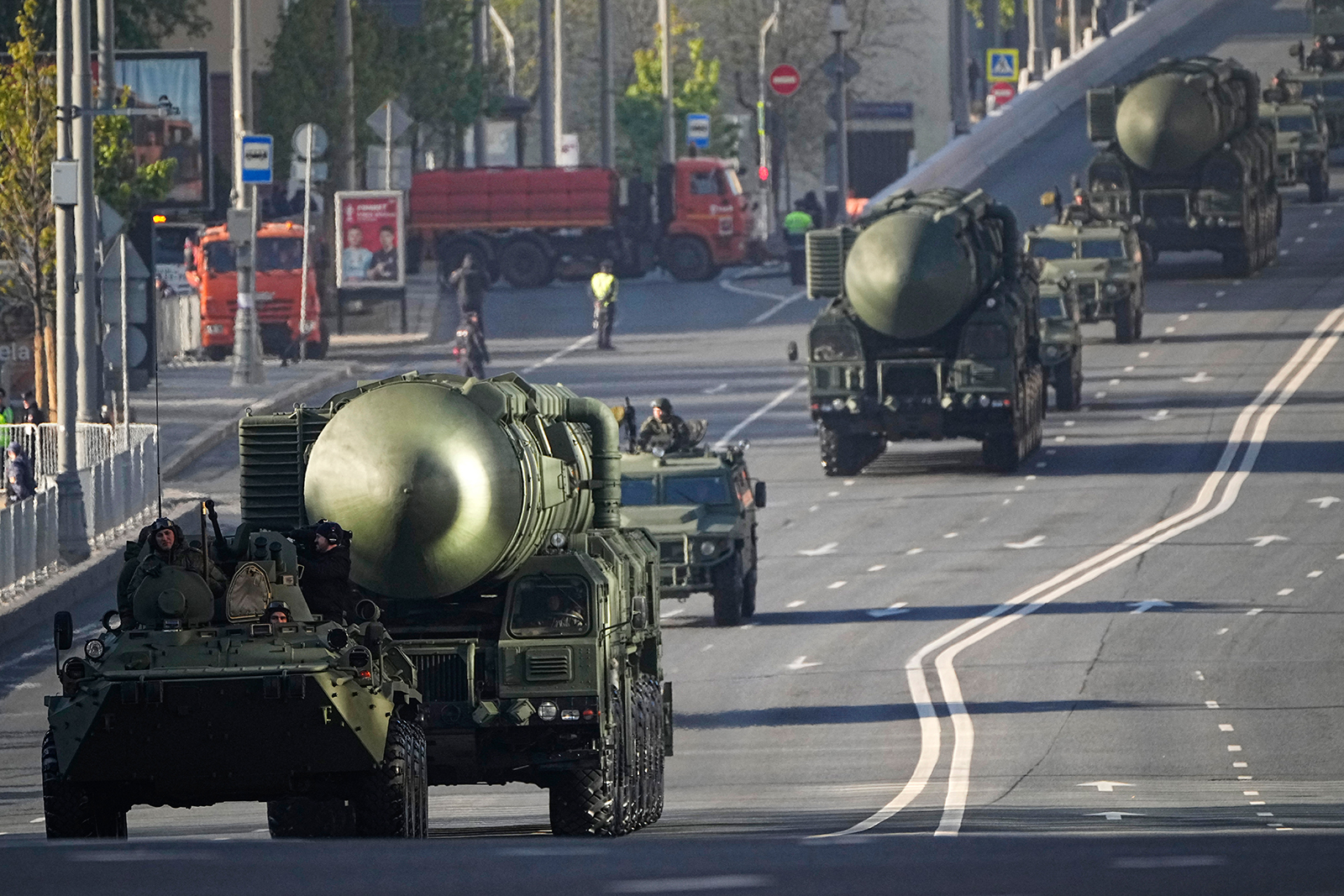 Russian RS-24 Yars ballistic missiles move toward Red Square to attend a Victory Day military parade in Moscow, Russia, on Tuesday, May 9. 