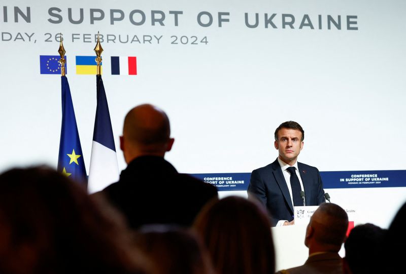 French President Emmanuel Macron speaks during a press conference in support of Ukraine, with European leaders and government representatives, at the Elysee Palace in Paris, France on Monday.
