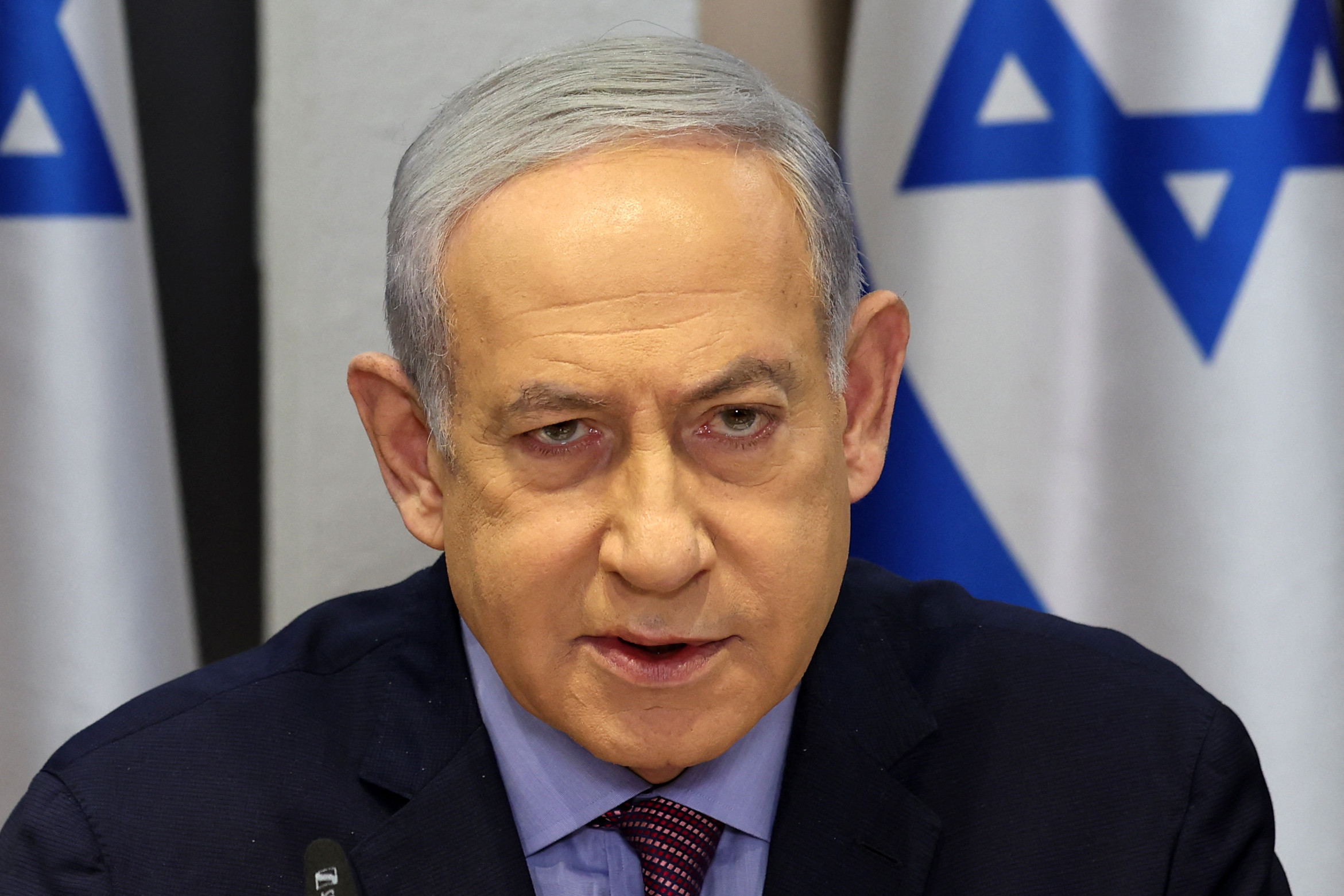Israeli Prime Minister Benjamin Netanyahu chairs a Cabinet meeting at the Kirya, which houses the Israeli Ministry of Defense, in Tel Aviv, Israel, on December 31, 2023.