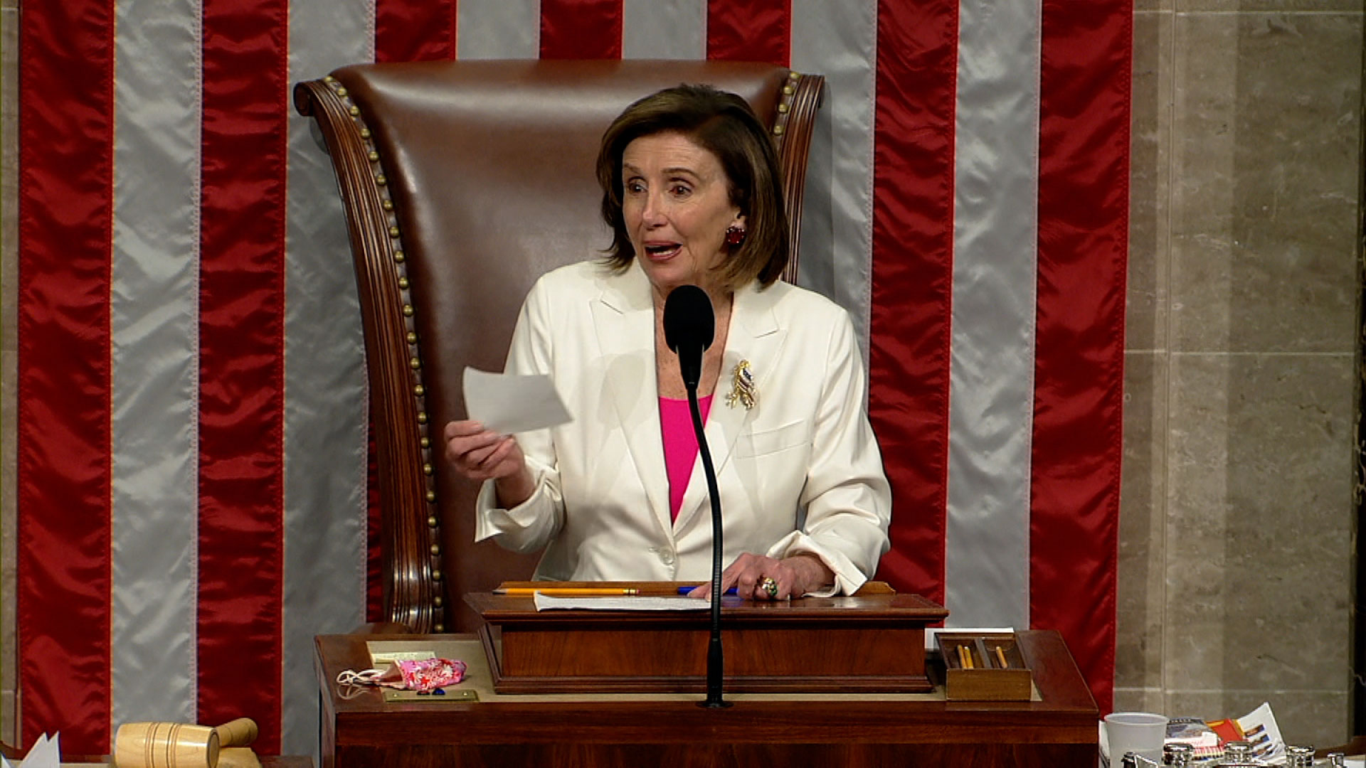 House Speaker Nancy Pelosi announces the Build Back Better bill has passed at the Capitol on November 19.