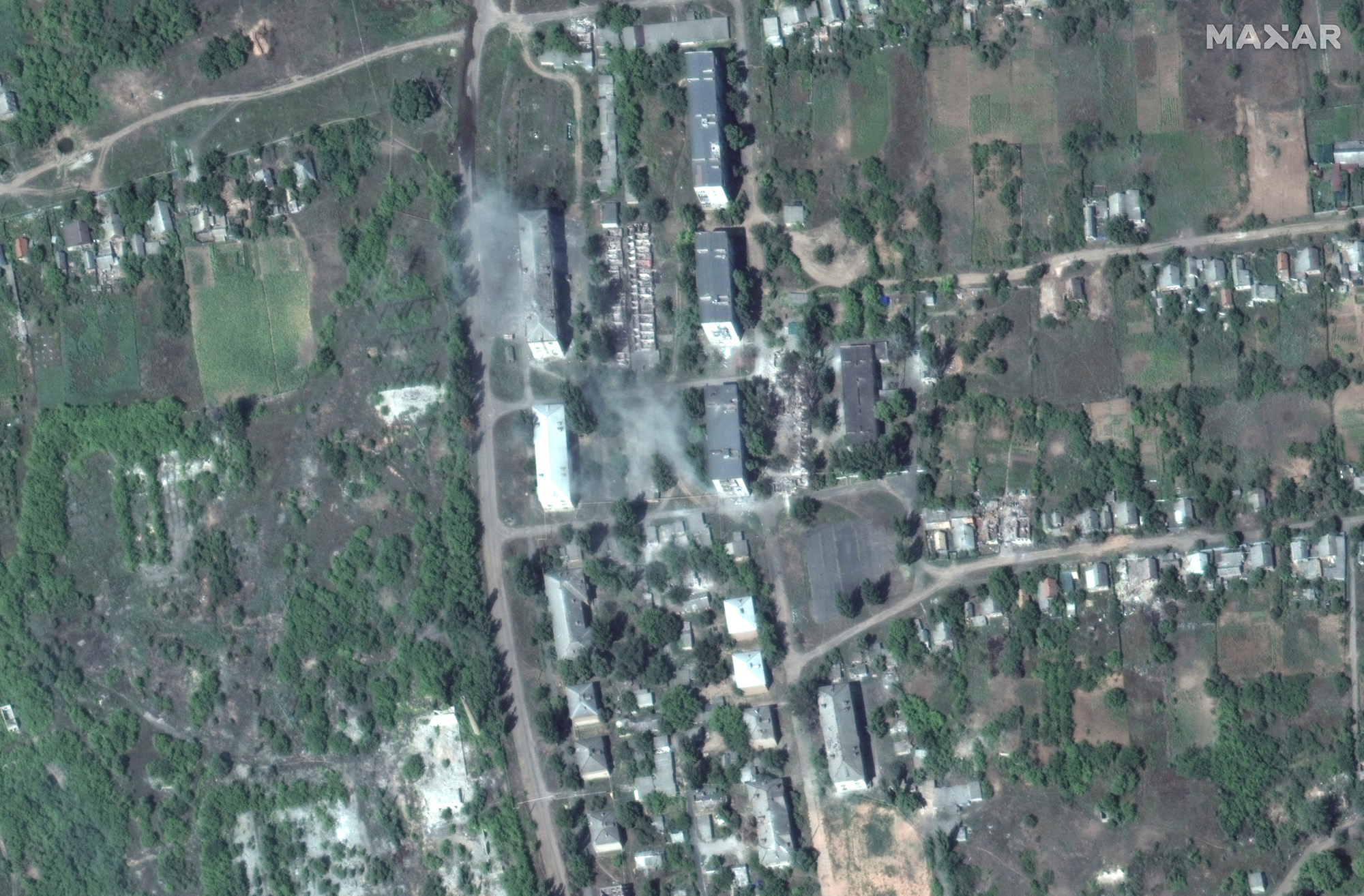 A satellite view shows apartment buildings and homes, in Soledar, Ukraine, on August 1, 2022.