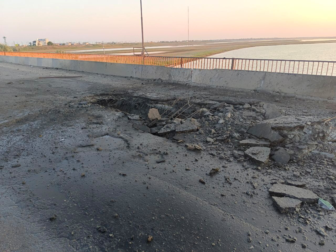 The damaged Chonhar bridge is seen in this picture released on Thursday by Russian-installed leader of the Kherson region Vladimir Saldo on Telegram.
