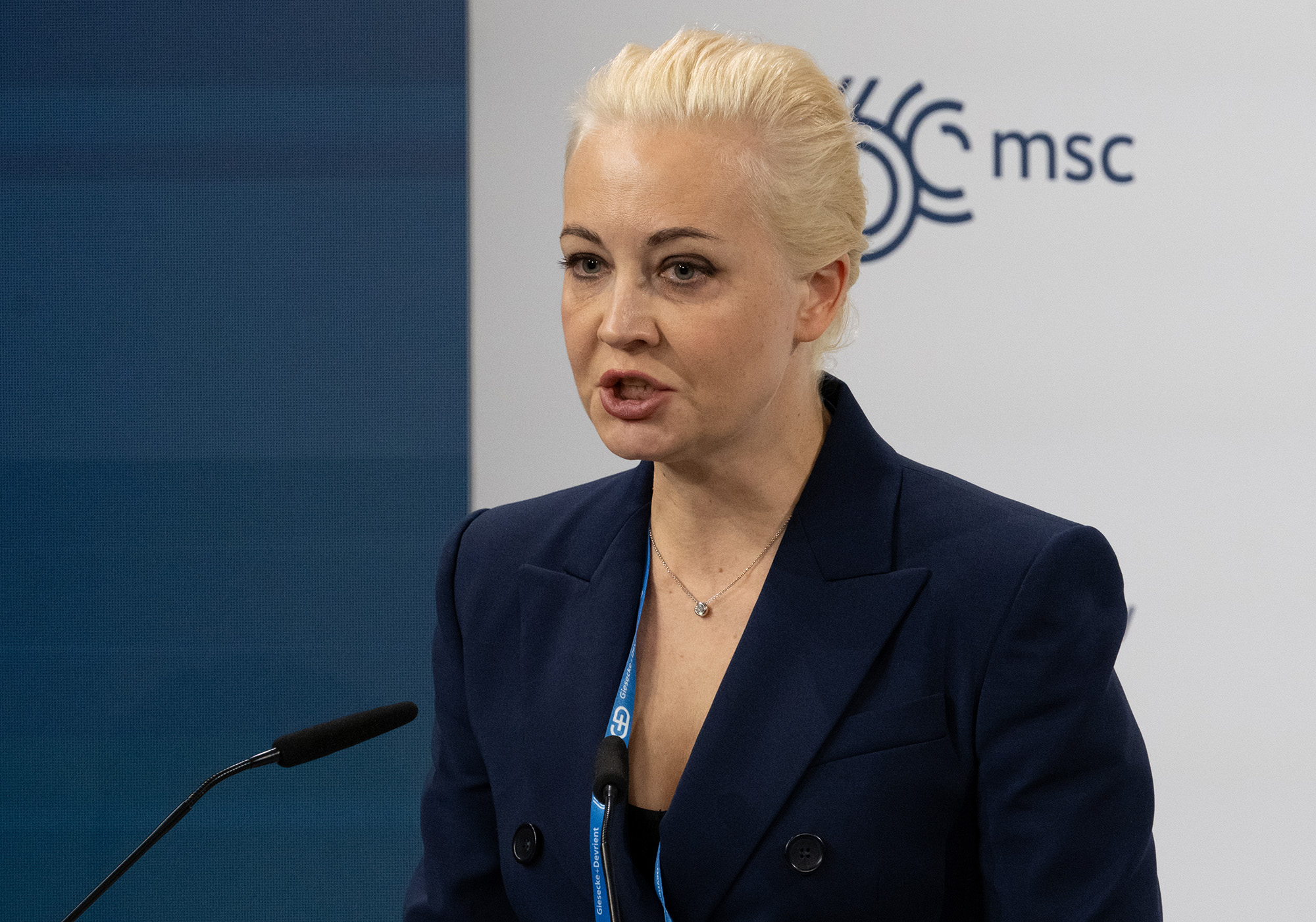Yulia Navalnaya, wife of Alexey Navalny, delivers a speech at the security conference in Munich, Germany, on February 16.