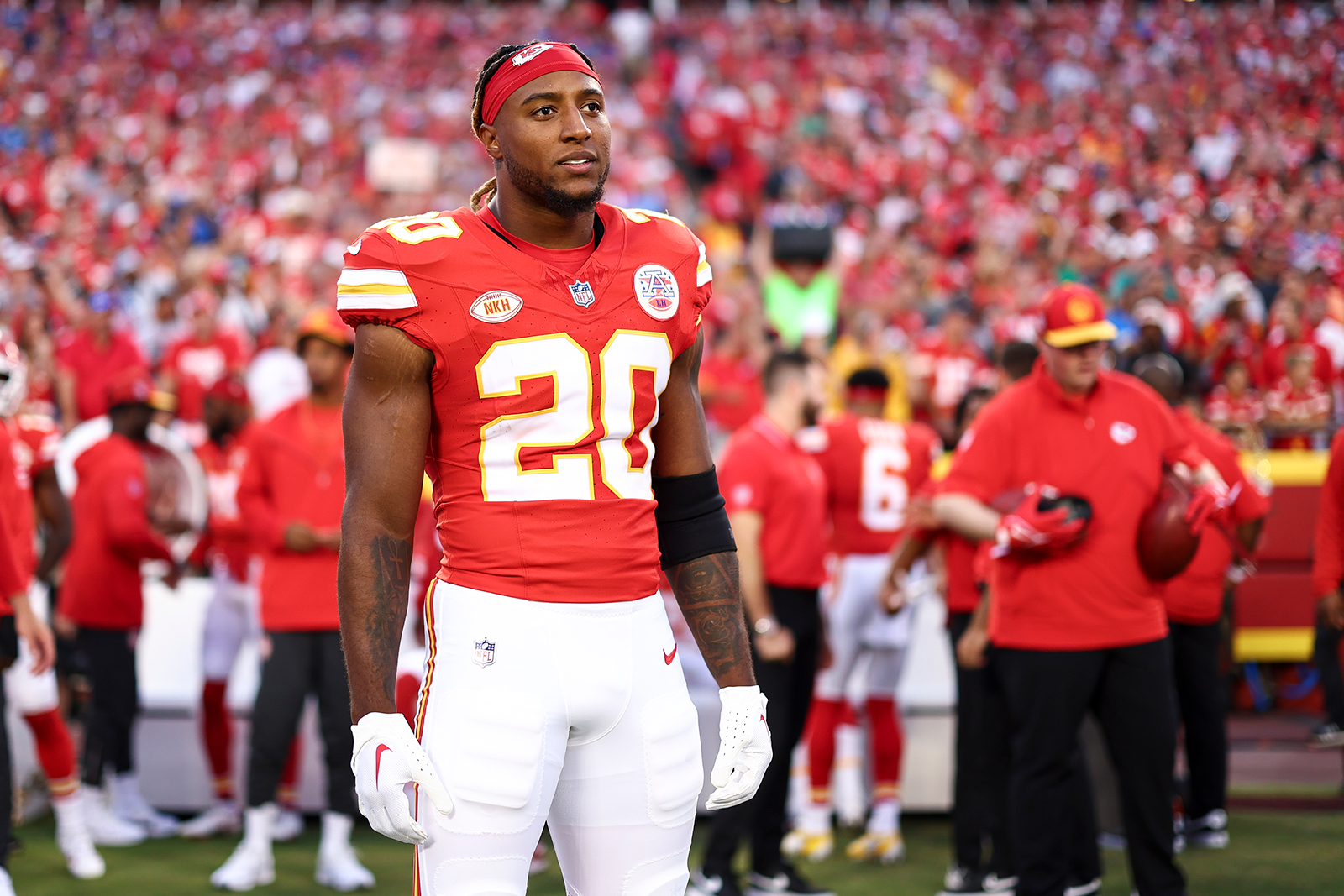 Justin Reid stands on the sidelines ahead of a Kansas City Chiefs game in September 2023. 