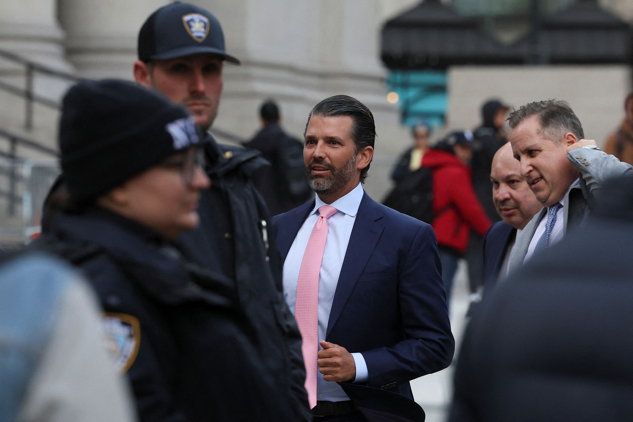 Former US President Donald Trump's son and co-defendant, Donald Trump Jr., arrives to attend the Trump Organization civil fraud trial, in New York State Supreme Court in the Manhattan borough of New York City, on November 1.