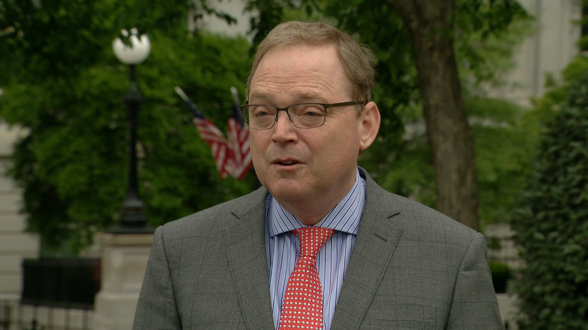 Kevin Hassett, White House economic adviser, speaks to reporters outside of the White House on May 14 in Washington.
