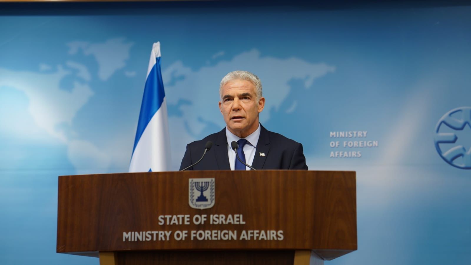 Israeli Foreign Minister Yair Lapid holds a press conference at the Foreign Ministry on February 24 in Jerusalem, Israel. 