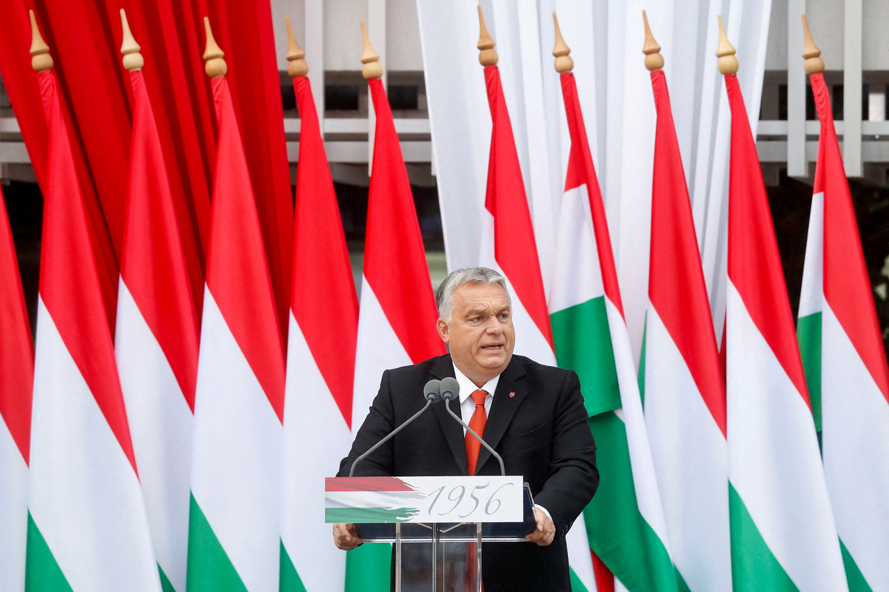 Hungarian Prime Minister Viktor Orban delivers a speech on October 23, in Zalaegerszeg, Hungary.
