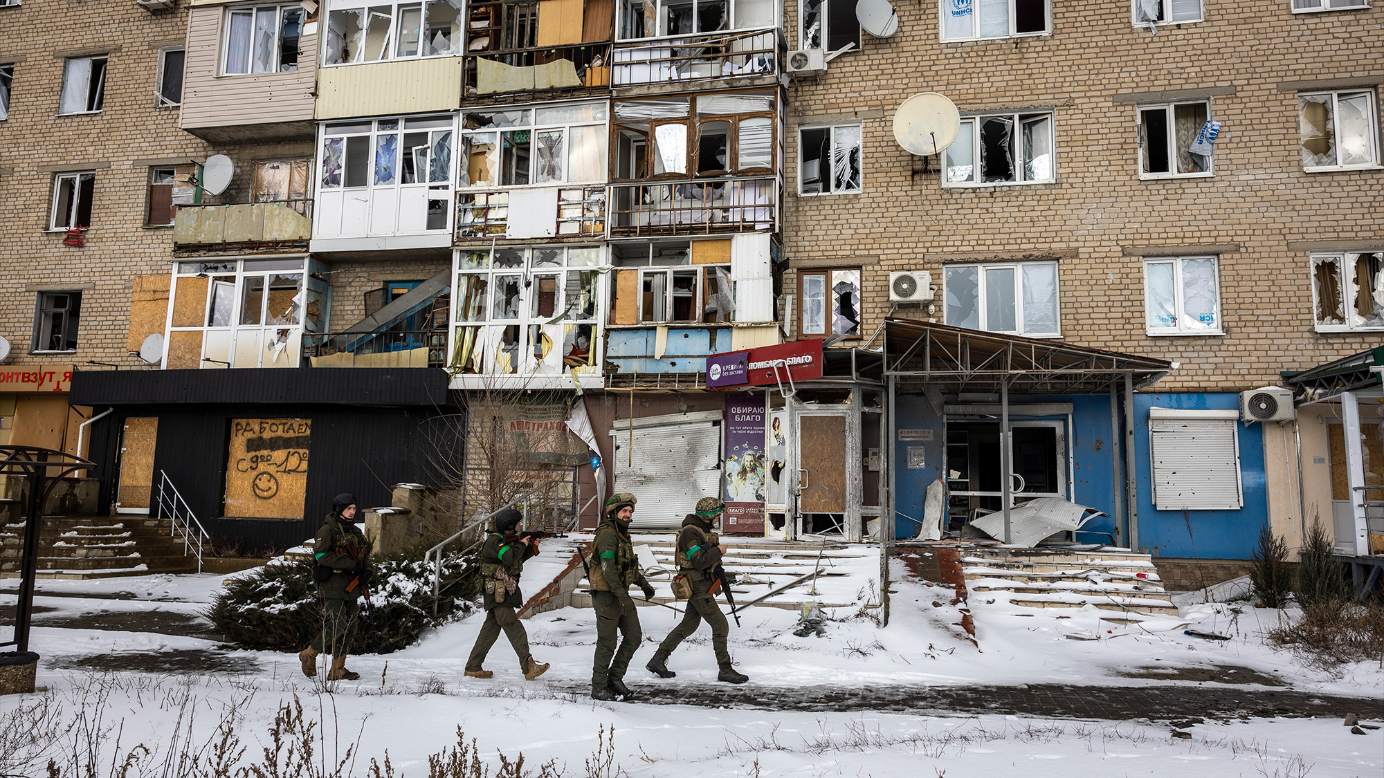 Ukrainian soldiers patrol on February 14 in Bakhmut, Ukraine. 