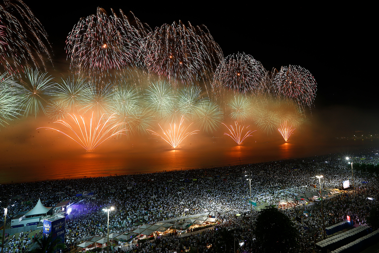Fireworks are seen on Copacabana beach during New Years Eve Celebration on January first, 2020, in Rio de Janeiro, Brazil. 