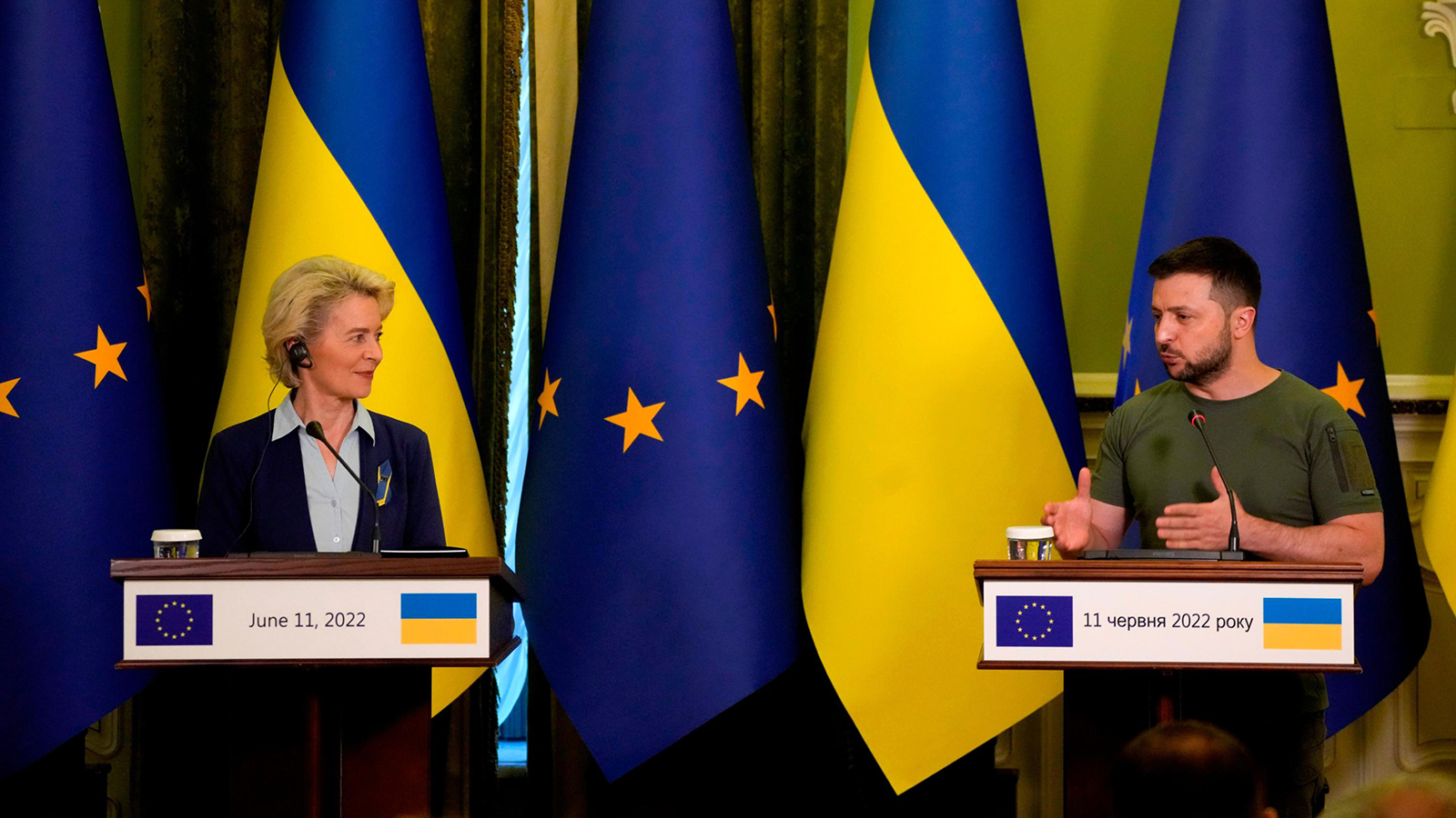 Ukraine President Volodymyr Zelensky speaks during a joint press conference with European Commission President Ursula von der Leyen in Kyiv, Ukraine, on Saturday, June 11. 