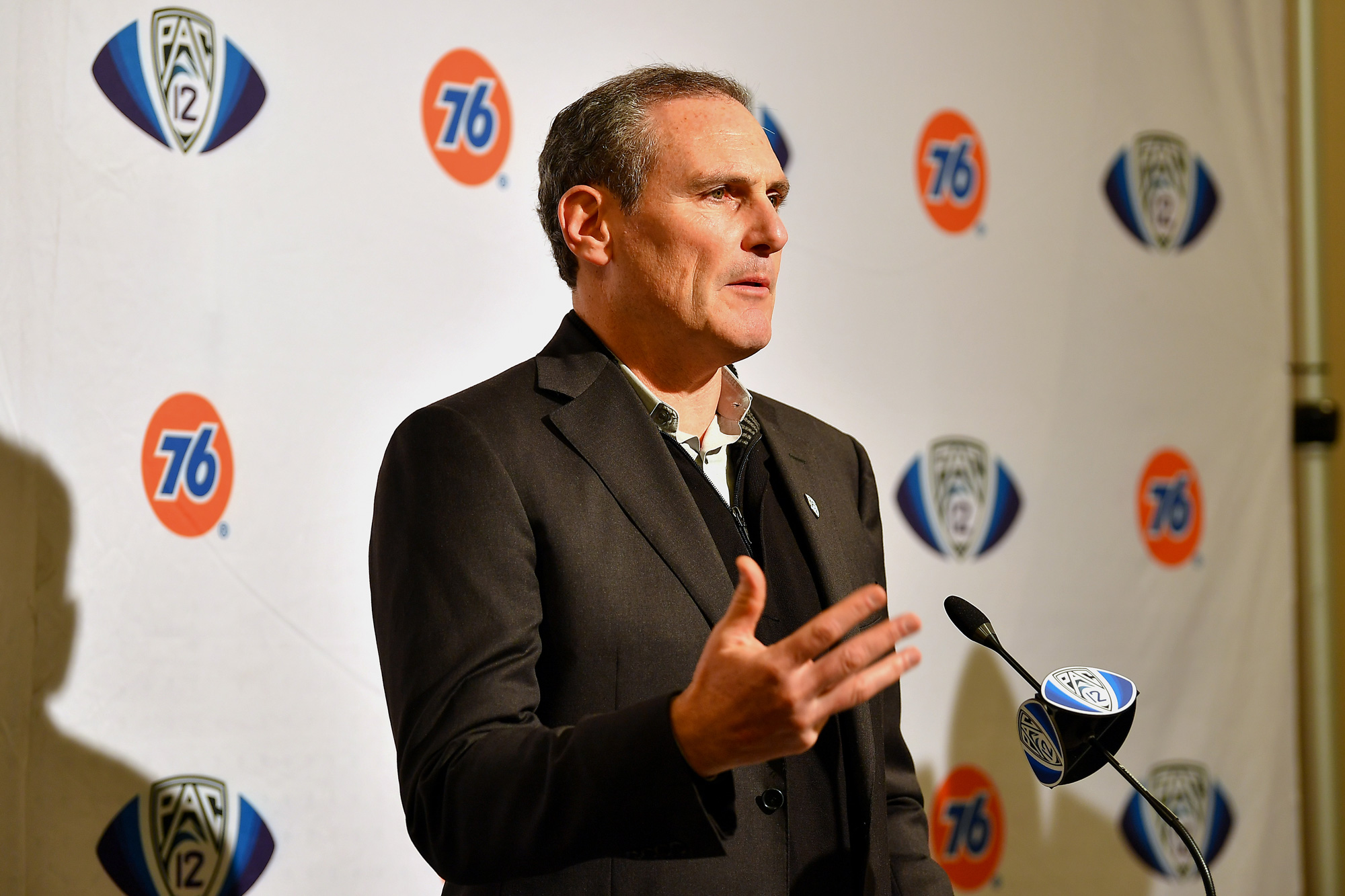 Pac-12 Commissioner Larry Scott speaks at a pre-game press conference at Levi's Stadium on December 6, 2019, in Santa Clara, California. 