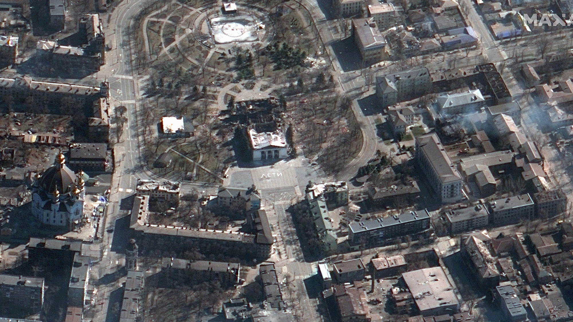 A satellite image shows the aftermath of an airstrike on the Mariupol Drama theater in Mariupol, Ukraine on March 19. 