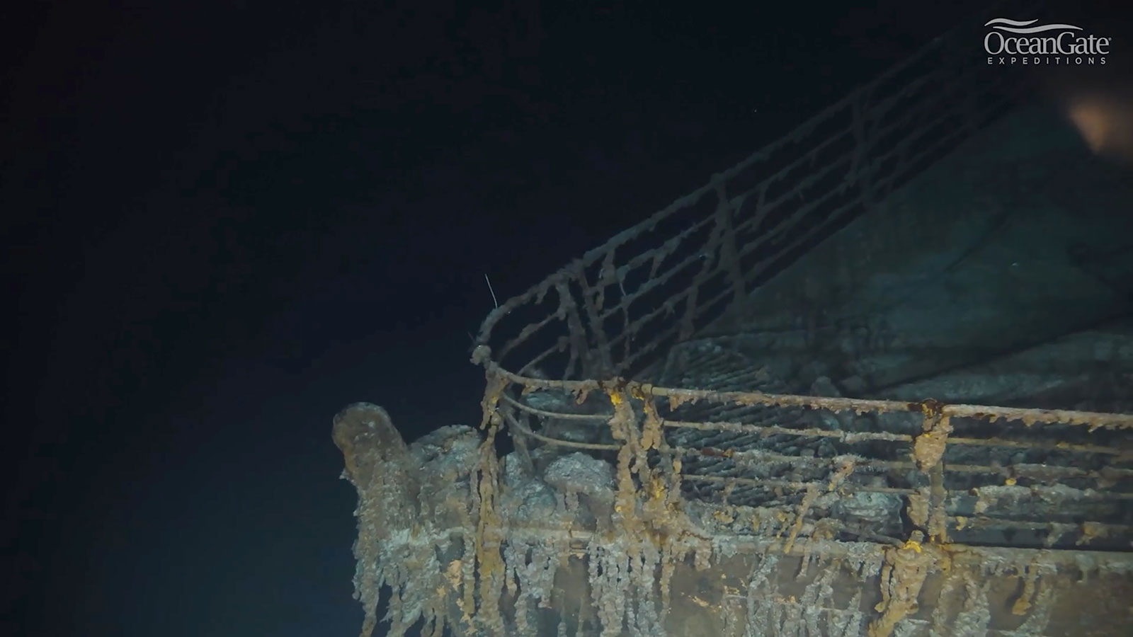 A still taken from video of the Titanic wreckage released by OceanGate Expeditions in 2022.