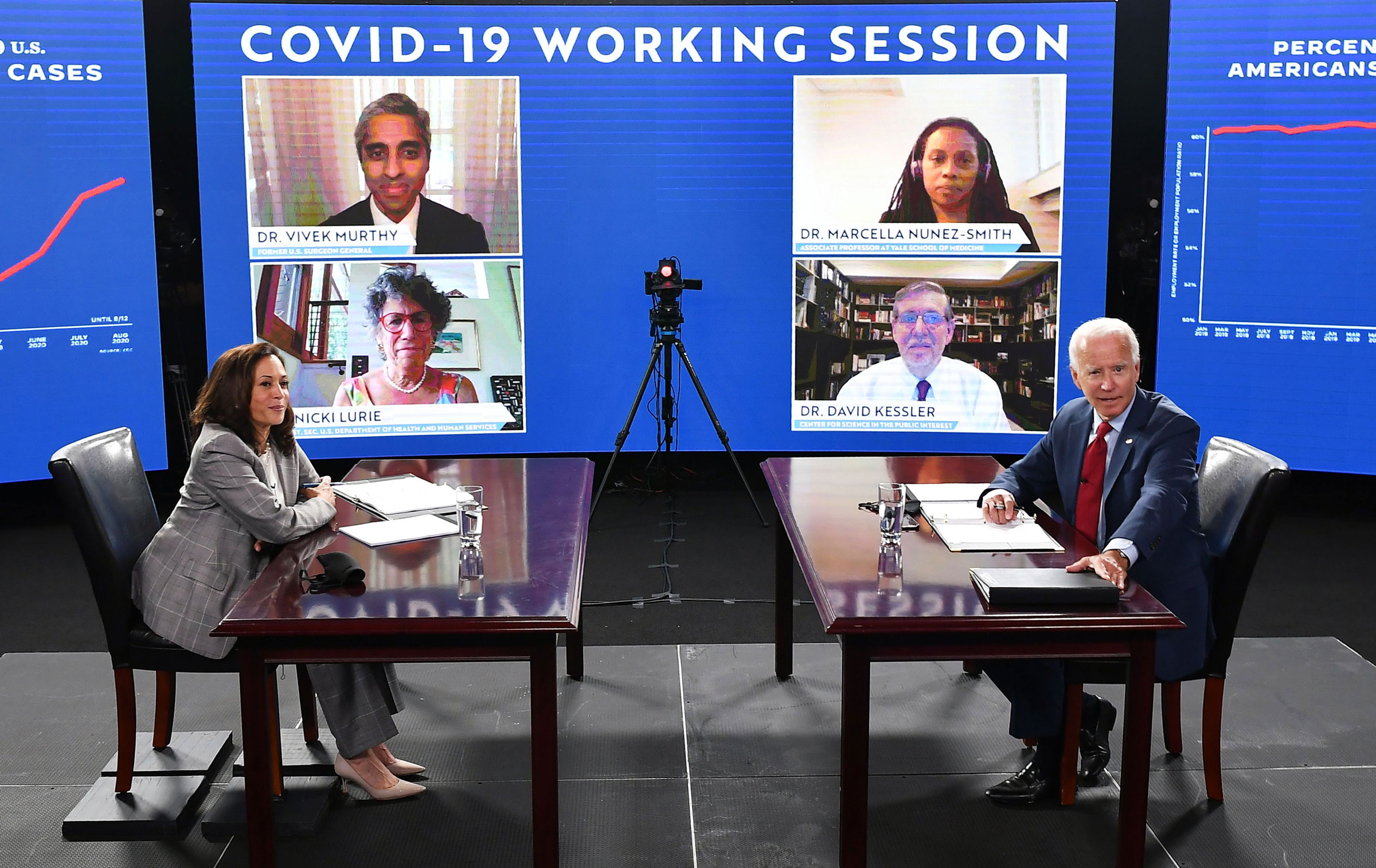 Joe Biden and his running mate, US Sen. Kamala Harris, are briefed by health experts on Thursday.