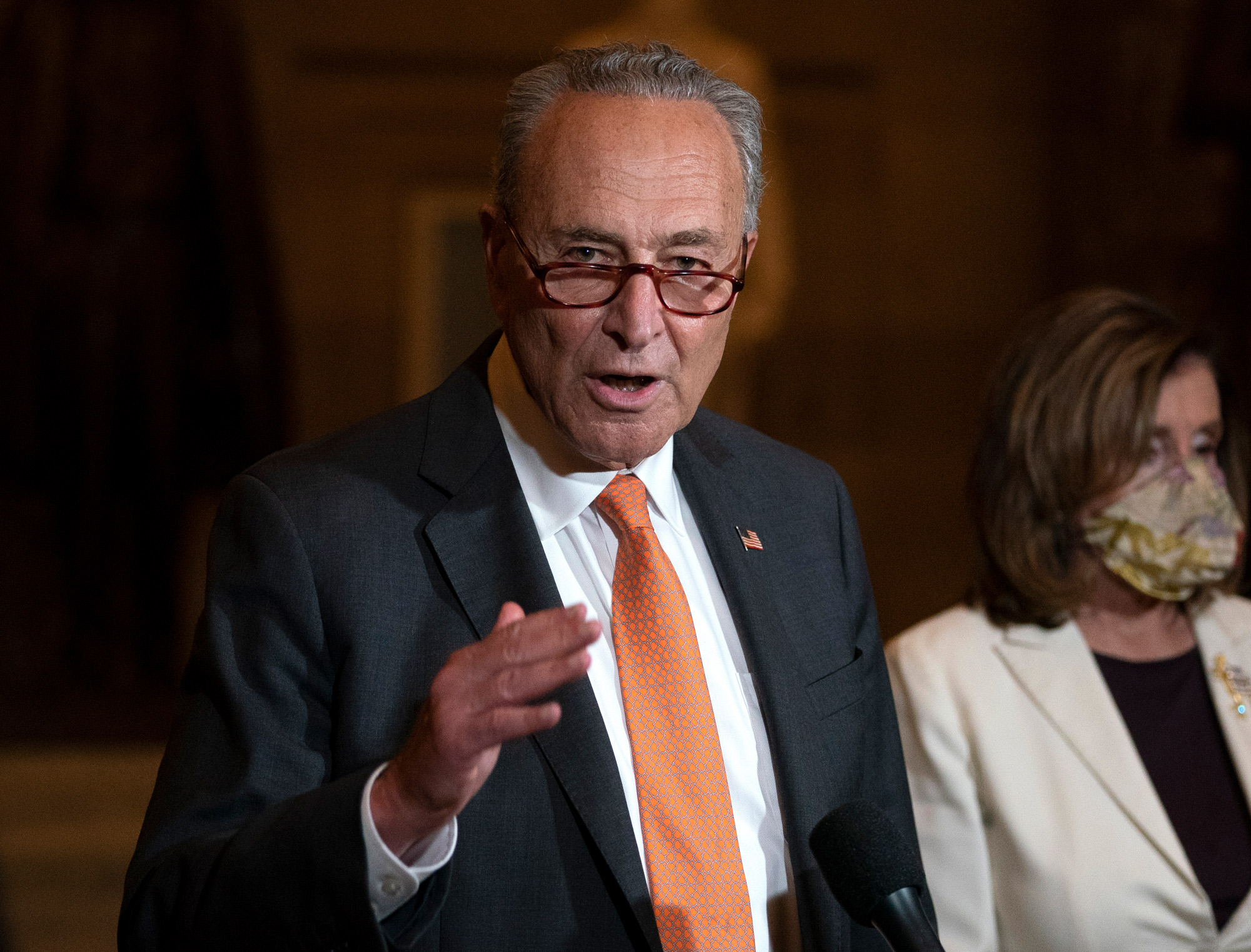 Senate Minority Leader Chuck Schumer speaks to reporters on Capitol Hill in Washington, DC, on August 6. 