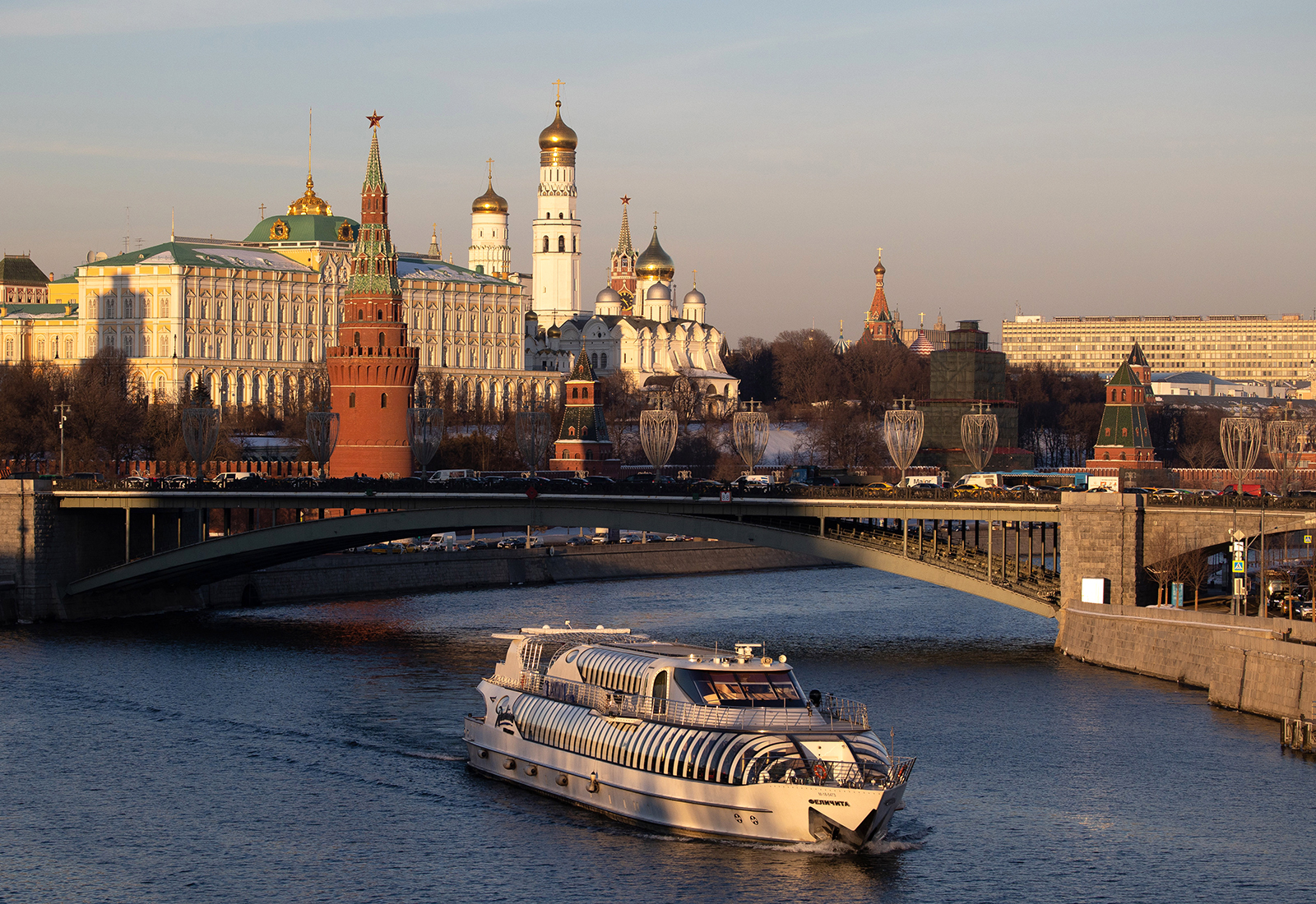 A tourist boat sails on the Moskva river in Moscow, Russia on February 15. 