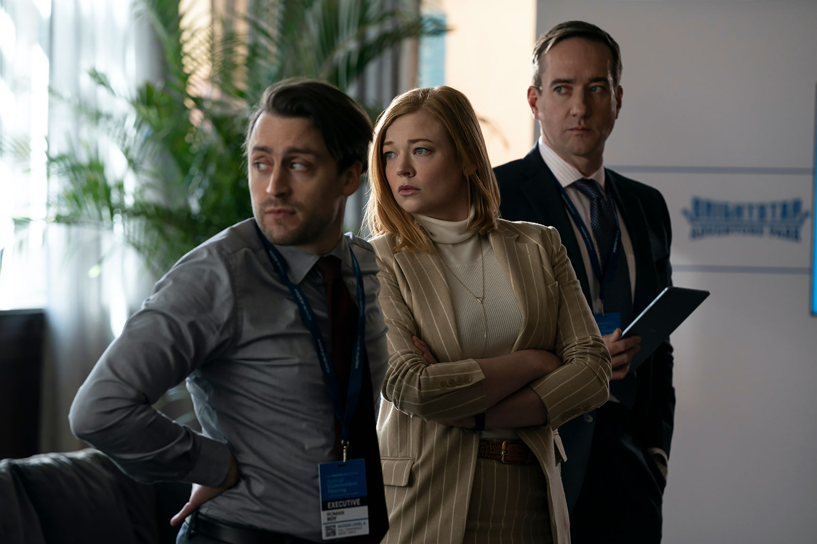 From left to right, Kieran Culkin, Sarah Snook and Matthew Macfadyen are seen in an episode of Succession.