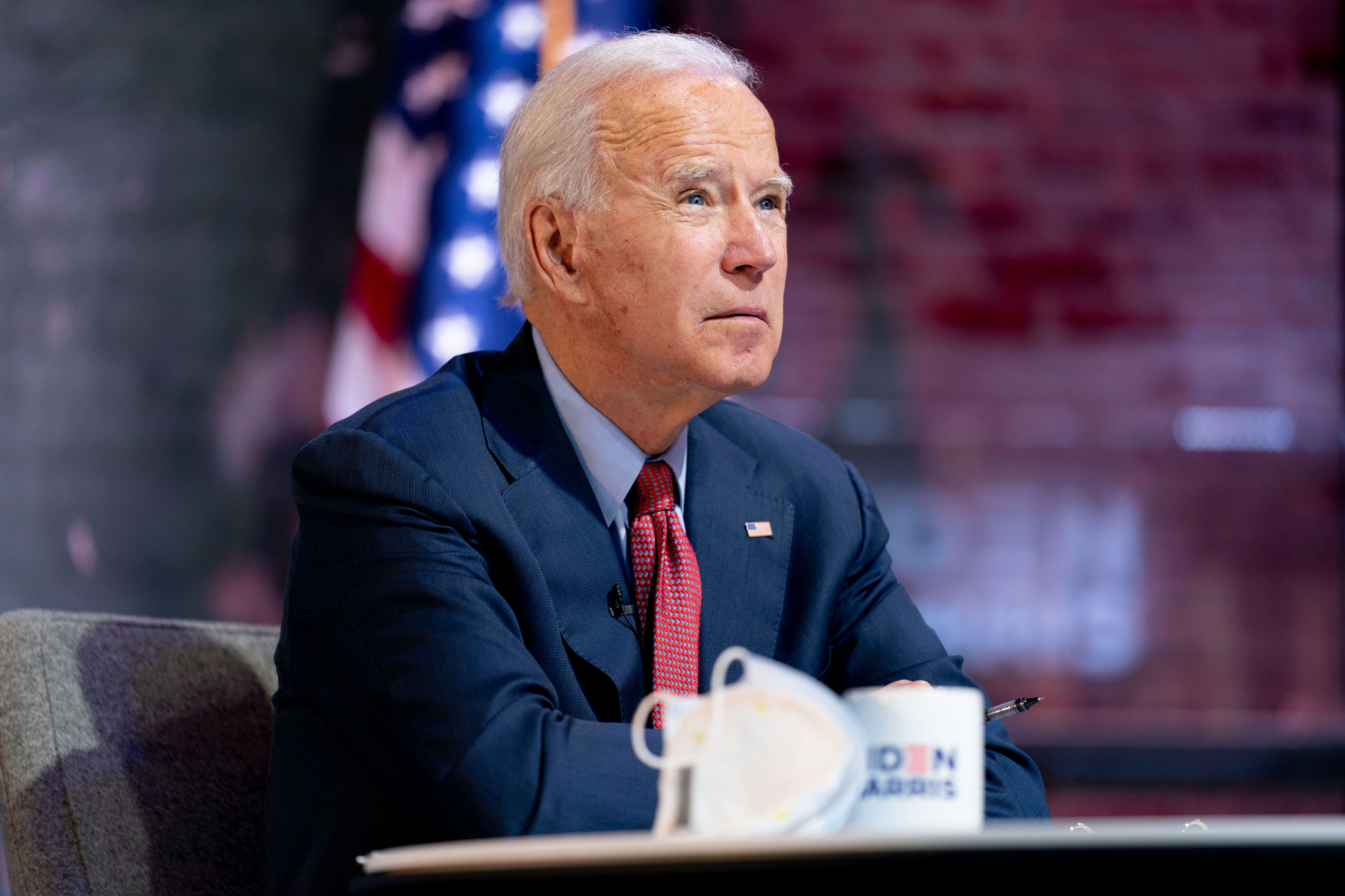 Democratic presidential nominee Joe Biden attends a virtual public health briefing in Wilmington, Delaware, on October 28.