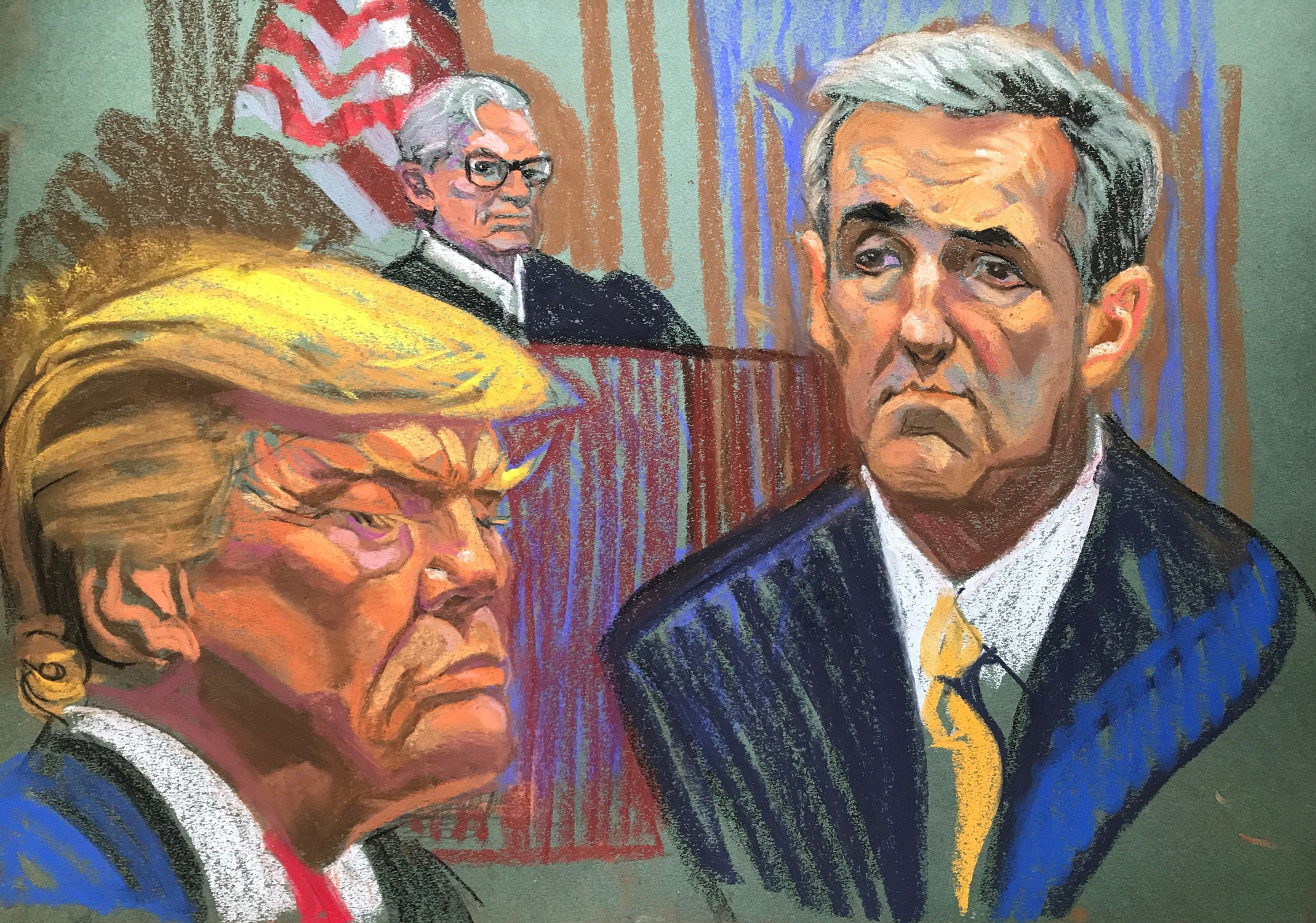 This court sketch shows former President Donald Trump, Judge Juan Merchan and Michael Cohen.