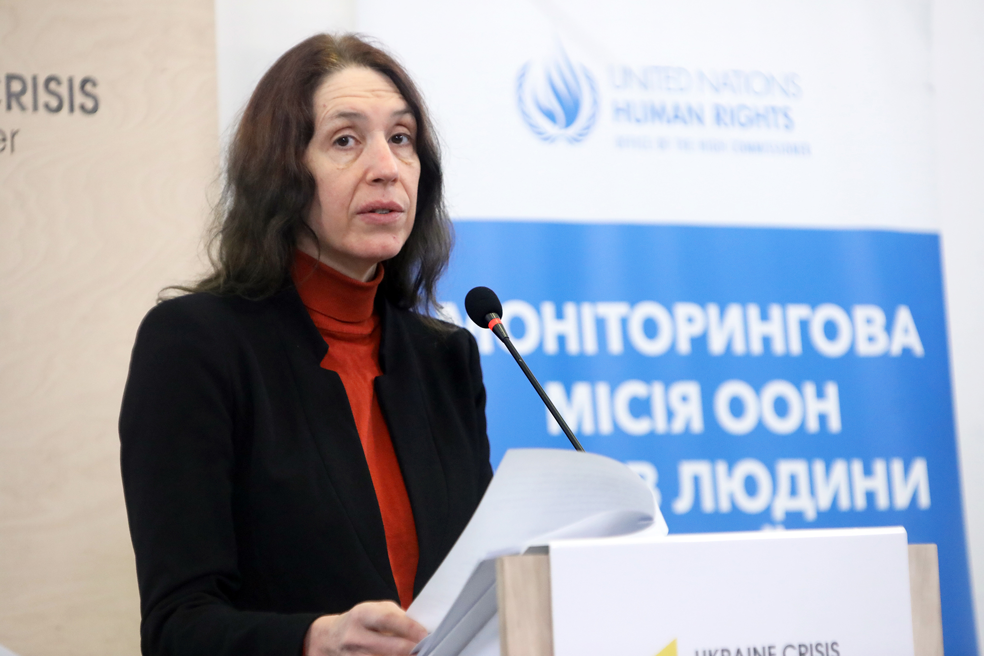 Head of the UN Human Rights Monitoring Mission in Ukraine (HRMMU) Matilda Bogner delivers a report on the human rights situation in Ukraine at the Ukraine Crisis Media Center, in Kyiv, on March 11 2021.