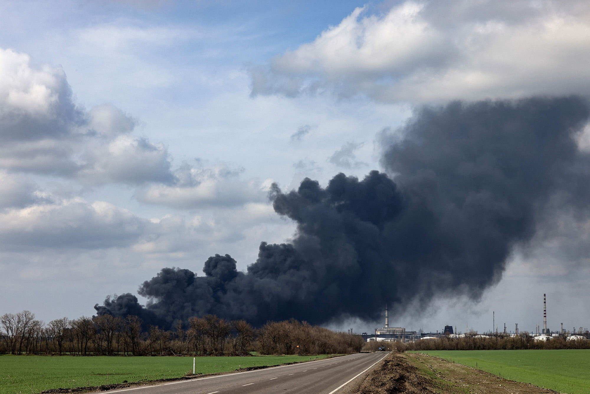 Smoke raises from an oil refinery in Lysychansk about 120km north of Donetsk, Ukraine, on April 16.