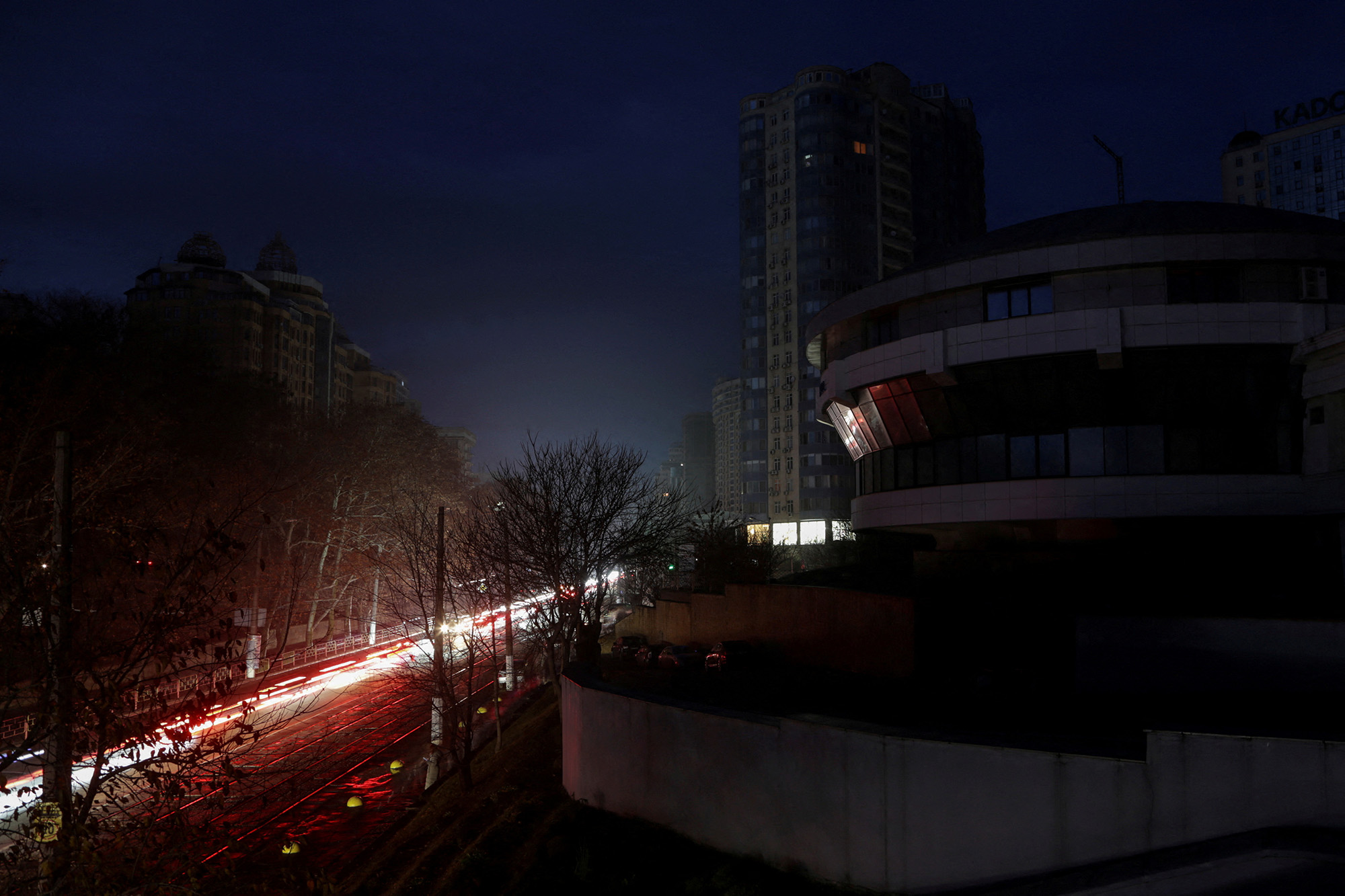 Apartment buildings without electricity during a power outage after critical civil infrastructure was hit by Russian drone attacks in Odesa, Ukraine, on December 10.