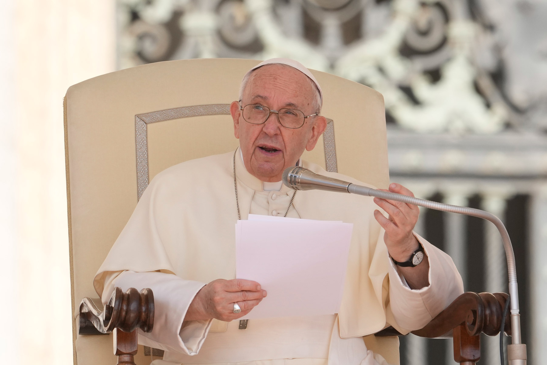 Pope Francis delivers his speech during his weekly general audience in St. Peter's Square, at the Vatican, on May 25.