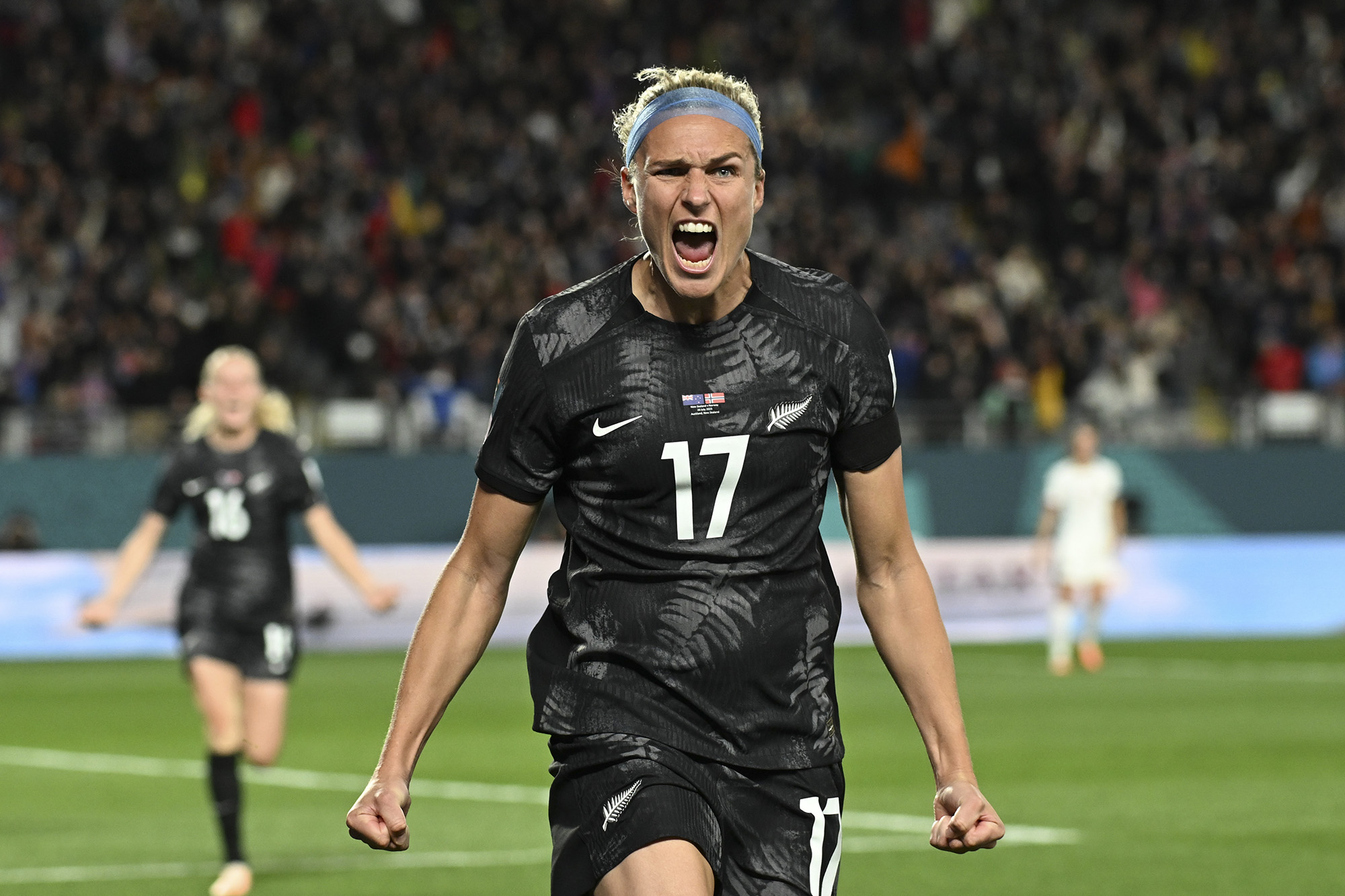 New Zealand's Hannah Wilkinson celebrates after scoring the opening goal during the Women's World Cup soccer match between New Zealand and Norway in Auckland, New Zealand, on July 20.