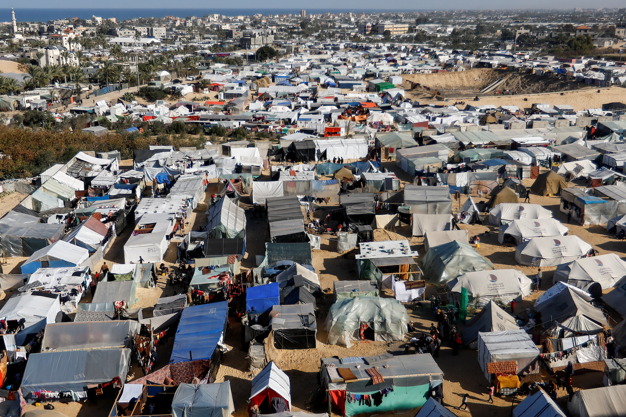 A tent camp housing displaced Palestinians is seen in Rafah, Gaza on Monday.