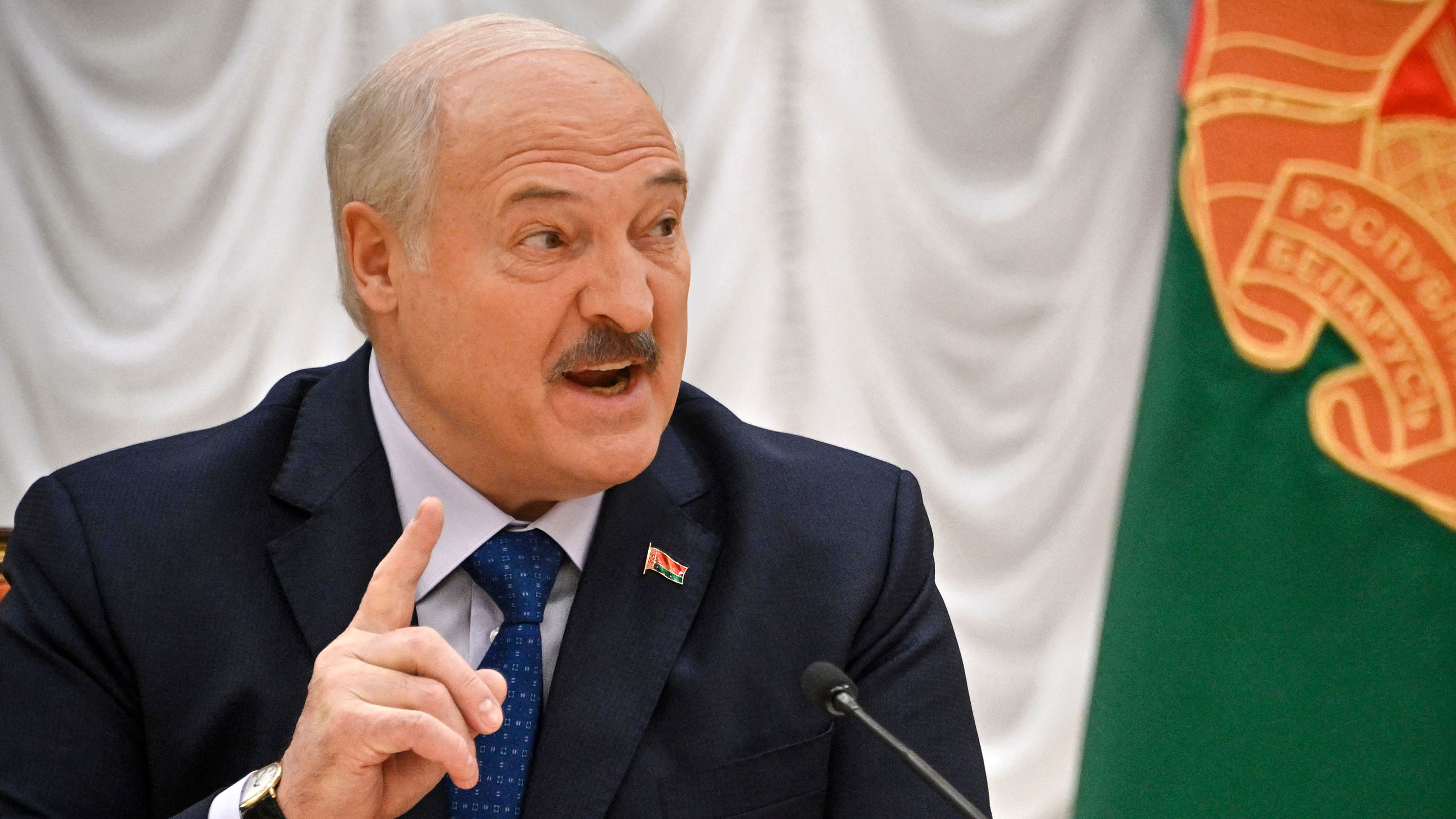 Belarus' President Alexander Lukashenko speaks as he meets with foreign media at his residence, the Independence Palace, in the capital Minsk on July 6, 2023. 