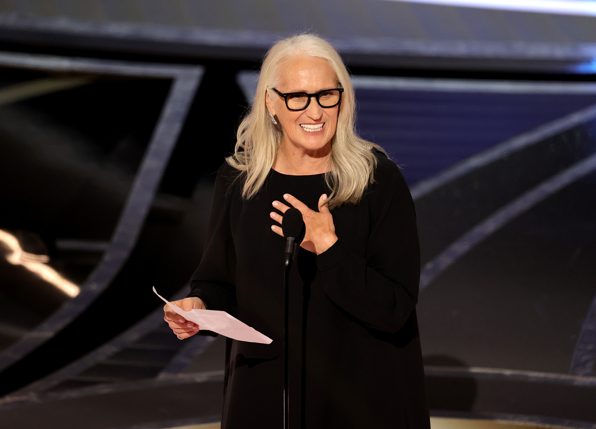 Jane Campion accepts the directing award for "The Power of the Dog" onstage during the 94th Annual Academy Awards.