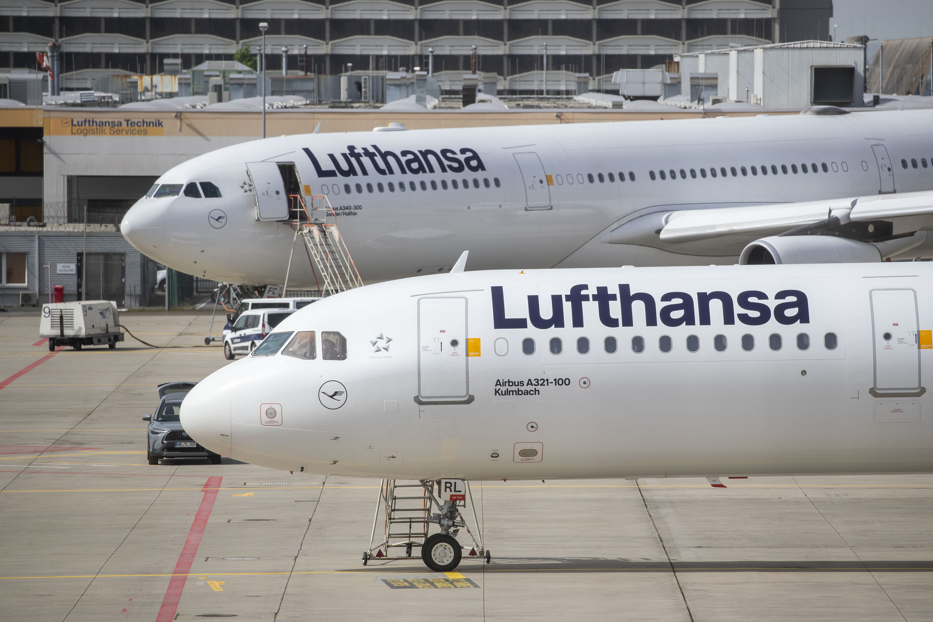 Lufthansa aircrafts are parked at the Frankfurt Airport, on April 8, in Frankfurt, Germany.
