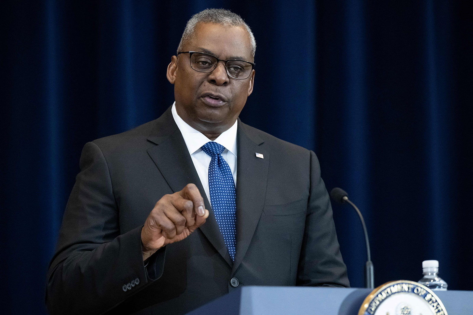 US Defense Secretary Lloyd Austin speaks at a press conference at the State Department in Washington, DC, on December 6.