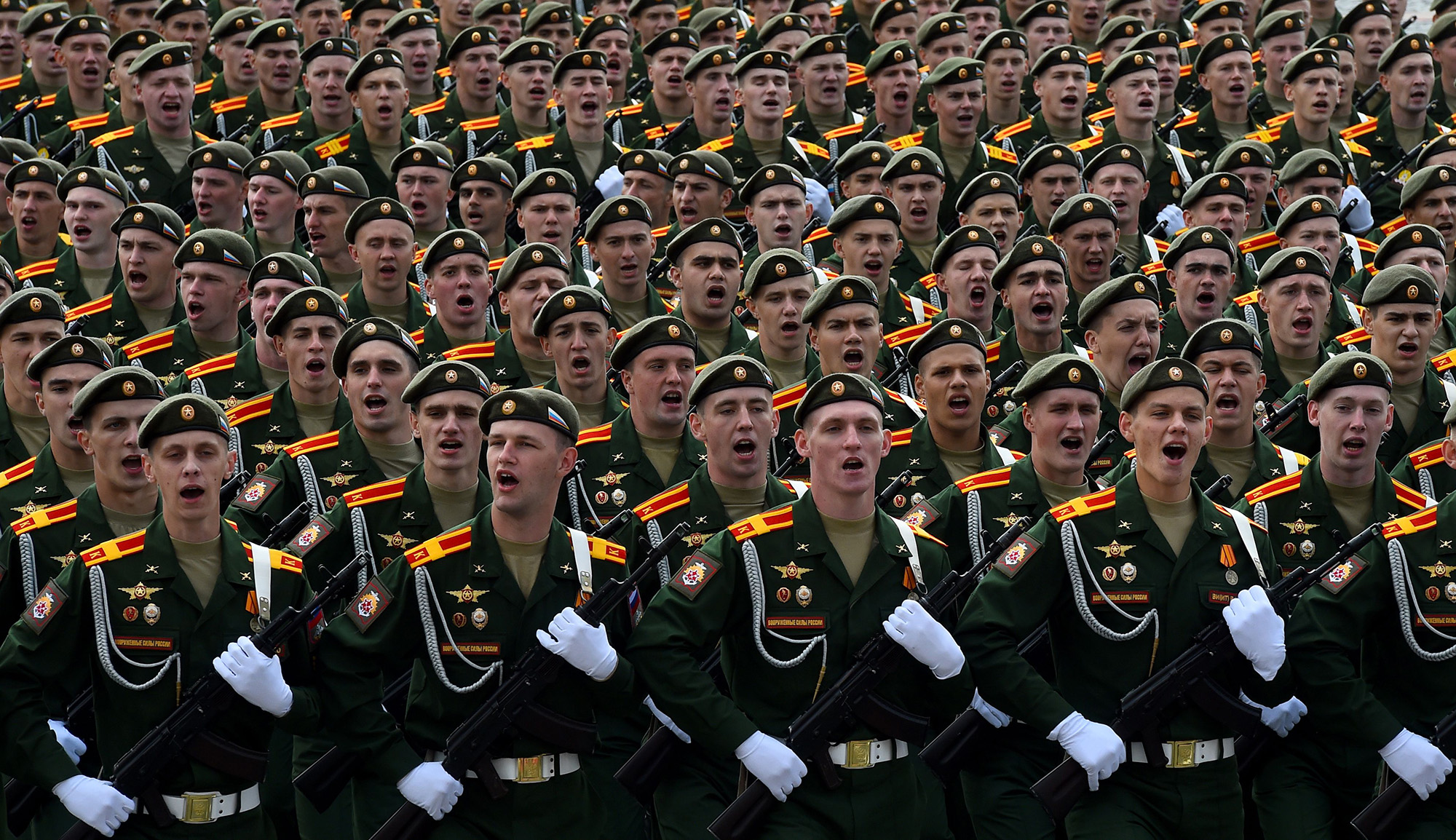 Russian servicemen take part in a rehearsal for the Victory Day parade in downtown Saint Petersburg on June 20, 2020. 