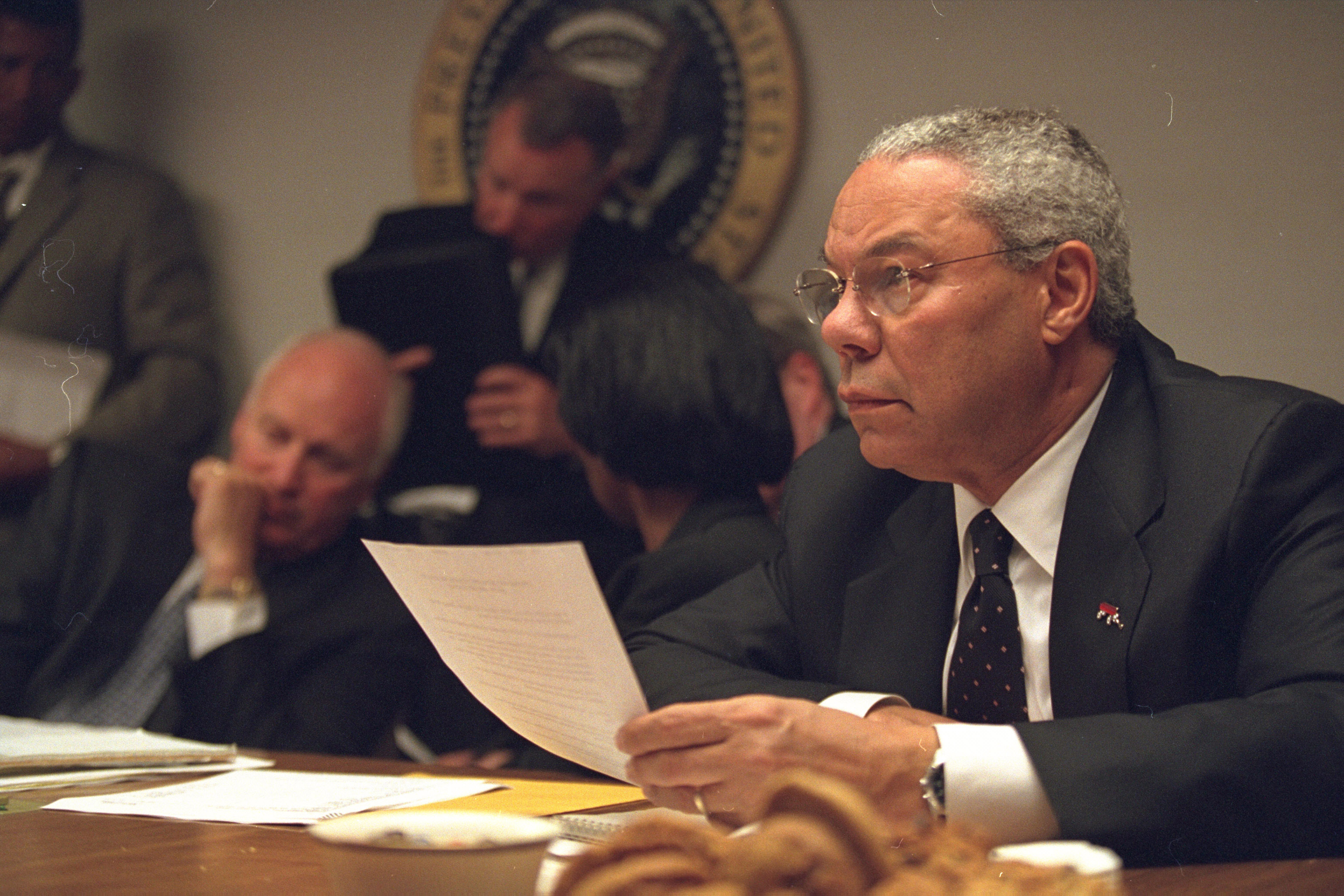 In this handout photo provided by the U.S. National Archives, then-Secretary of State Colin Powell meets in the President's Emergency Operations Center after the terrorist attacks on September 11, 2001 in Washington, DC. 