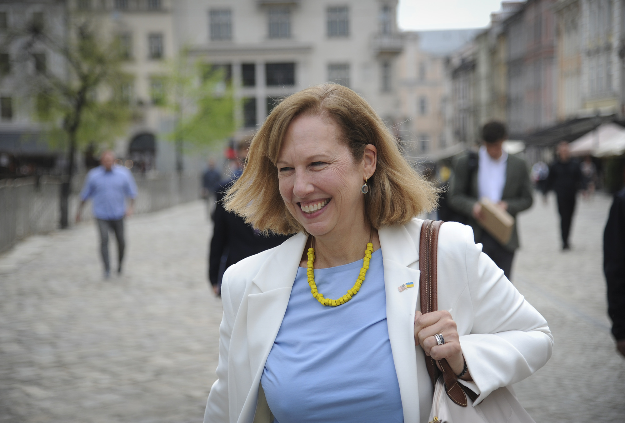 Acting United States ambassador to Ukraine, Kristina Kvien, arrives for her press briefing in Lviv, Ukraine, on May. 2.