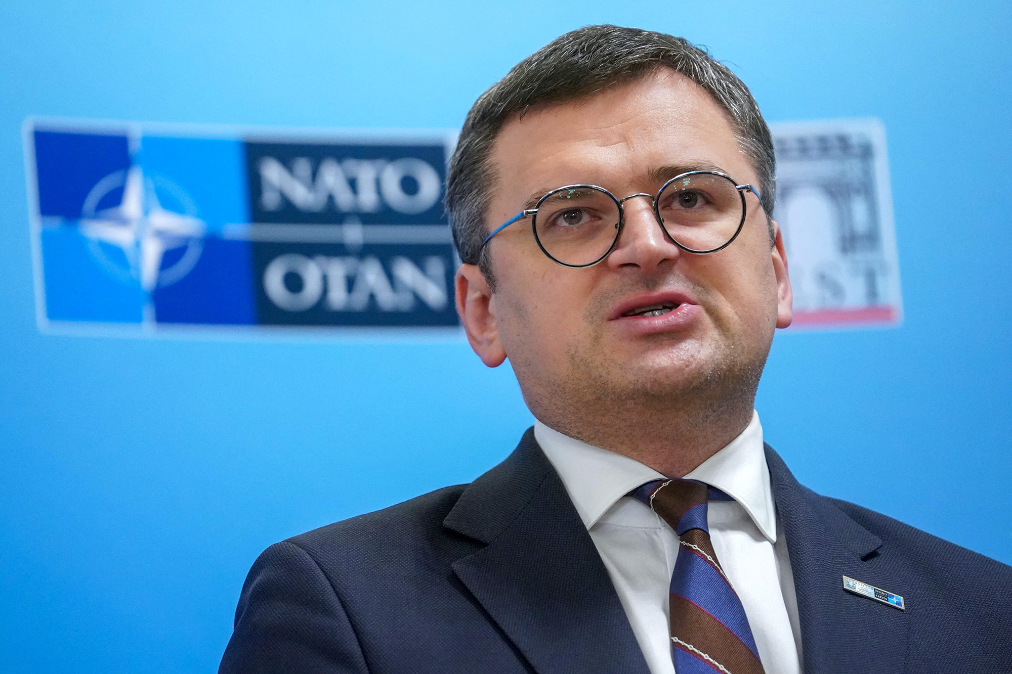 Ukrainian Foreign Minister Dmytro Kuleba speaks at a NATO Foreign Ministers meeting on November 29, 2022, in Bucharest, Romania. 