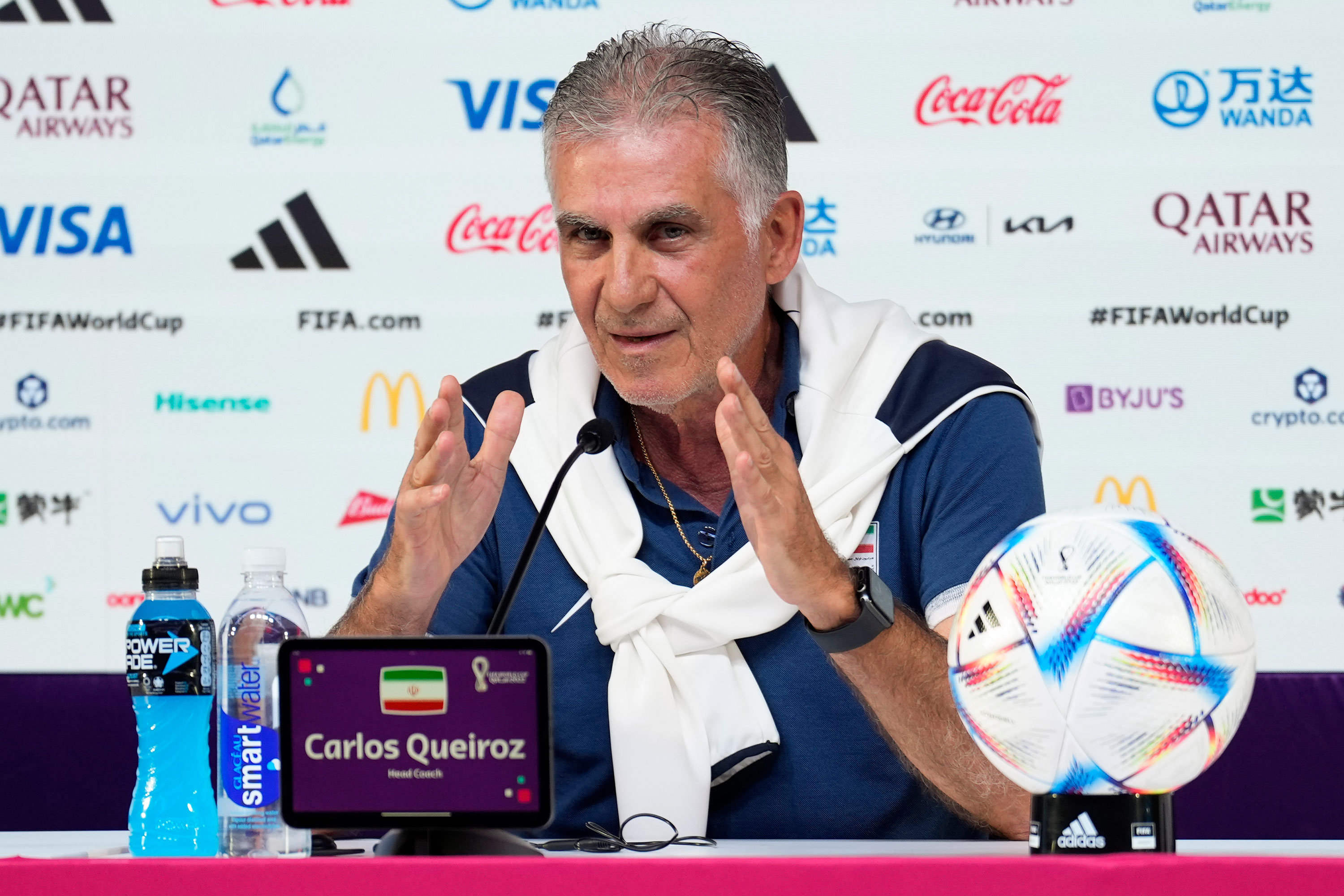 Iran's head coach Carlos Queiroz speaks a press conference on the eve of the match between Iran and the United States in Doha on November 28.