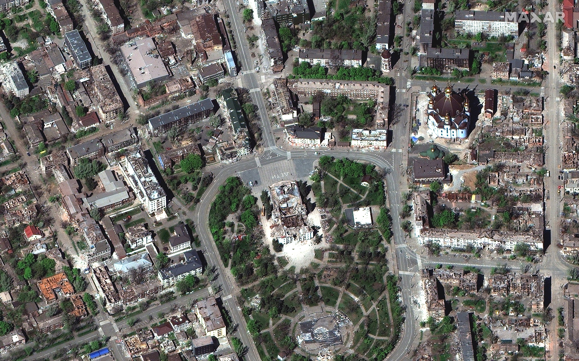 This satellite image shows Mariupol Theater in Mariupol, Ukraine, on April 29.