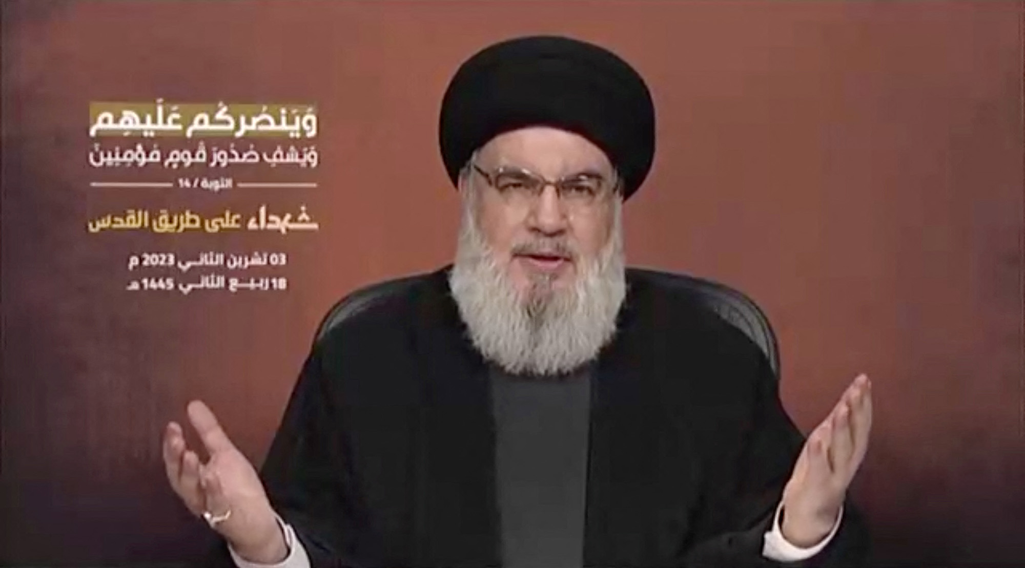 Hezbollah leader Sayyed Hassan Nasrallah delivers his first address since the October conflict between Palestinian group Hamas and Israel, from an unspecified location in Lebanon, in this screenshot taken from video obtained on November 3.
