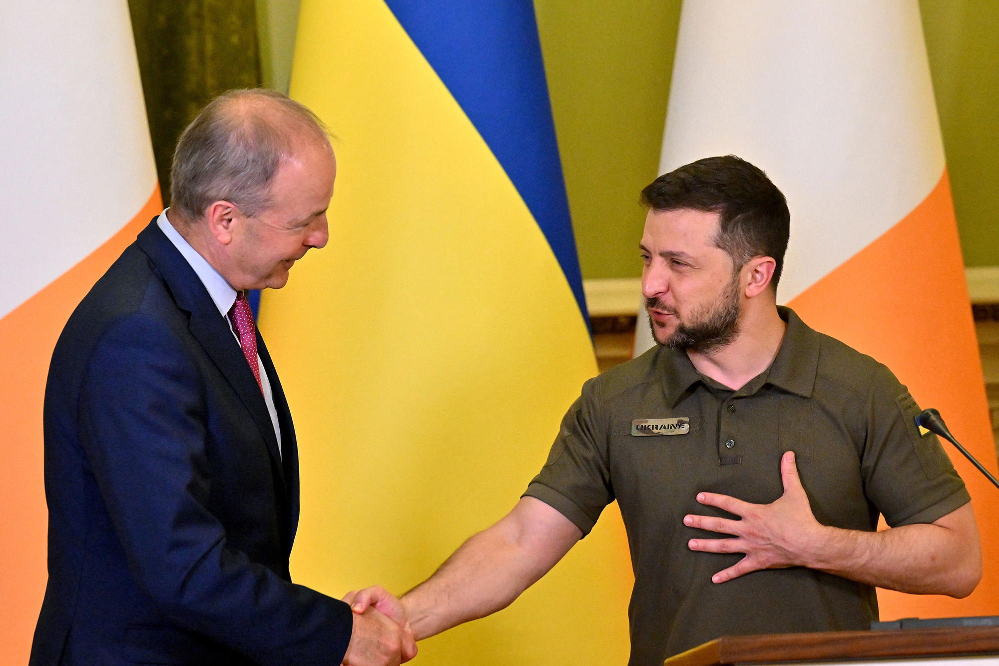 Ukraine’s President Volodymyr Zelensky shakes hands with Irish Prime Minister Micheál Martin during their press conference in Kyiv on July 6.