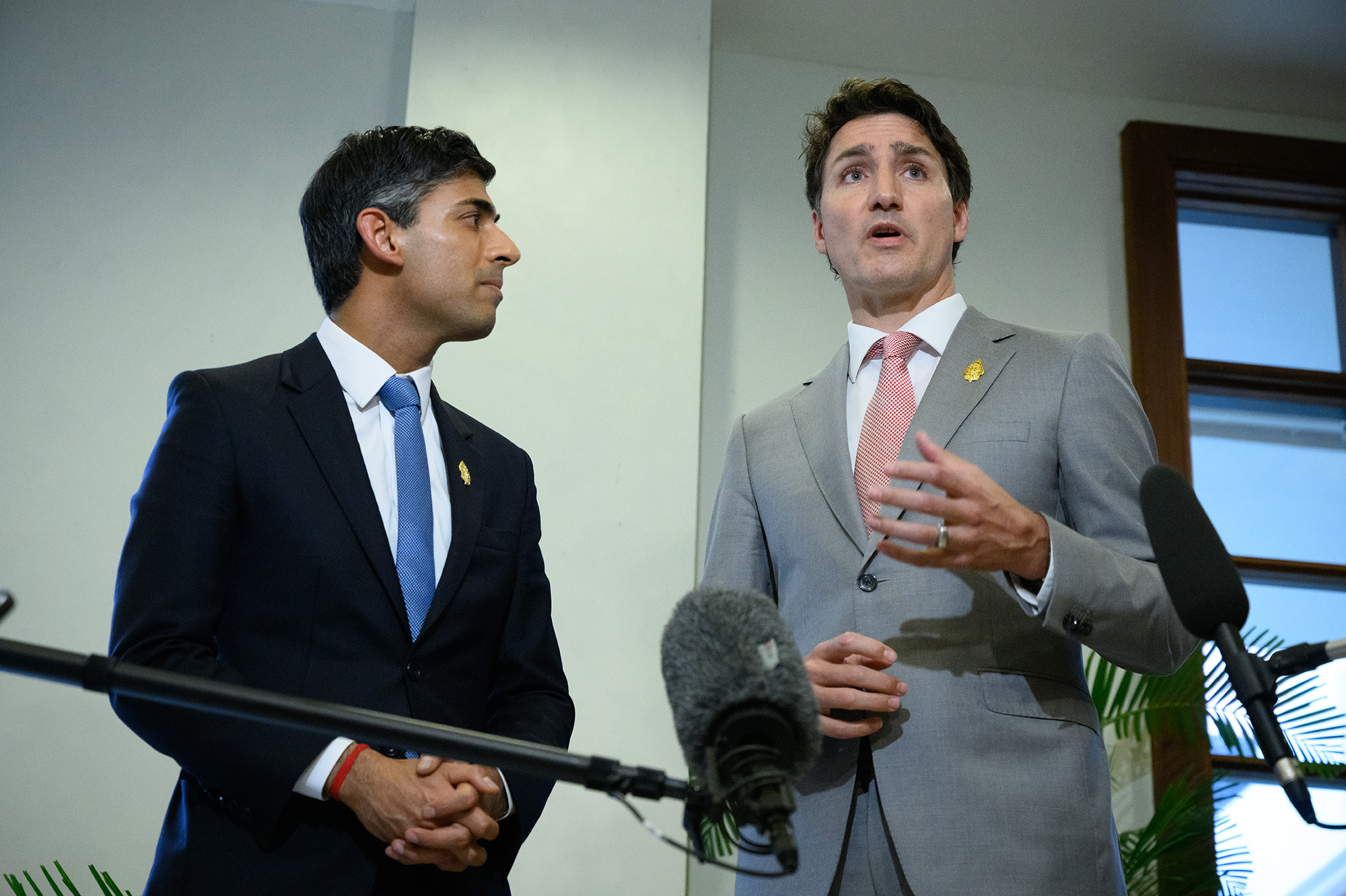 British Prime Minister Rishi Sunak, left, and Prime Minister Justin Trudeau of Canada hold a press conference at the G20 summit on November 16, in Nusa Dua, Indonesia.